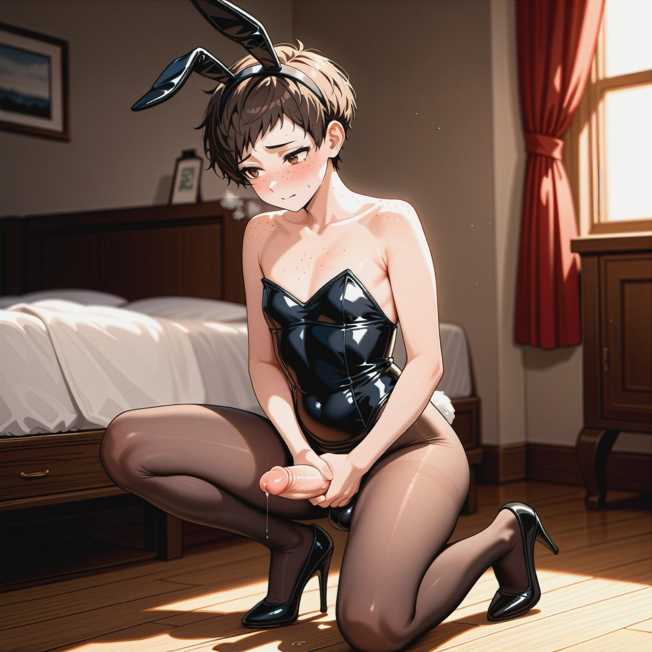 (fat) (reverse_trap), (futanari), (mature_female), (shy), brunette pixie cut hair, freckles, black bunny costume, brown tights, flat chest, black high heel pumps, penis out, bedroom, (mutual_masturbation)