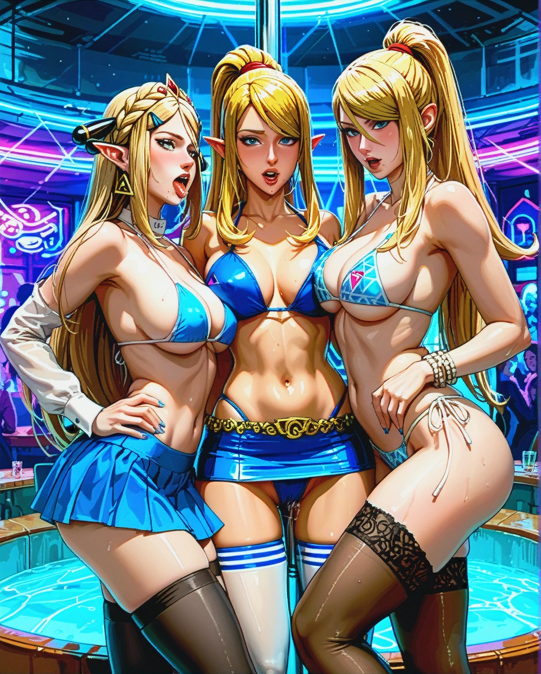 3 girls, @cynthia , @princess_zelda , Hayase @samus_aran  , no men , strip club, sex on a pole,bikinis sexy, nipple biting, stockings,skirts, sex, dual dildo, ahegao