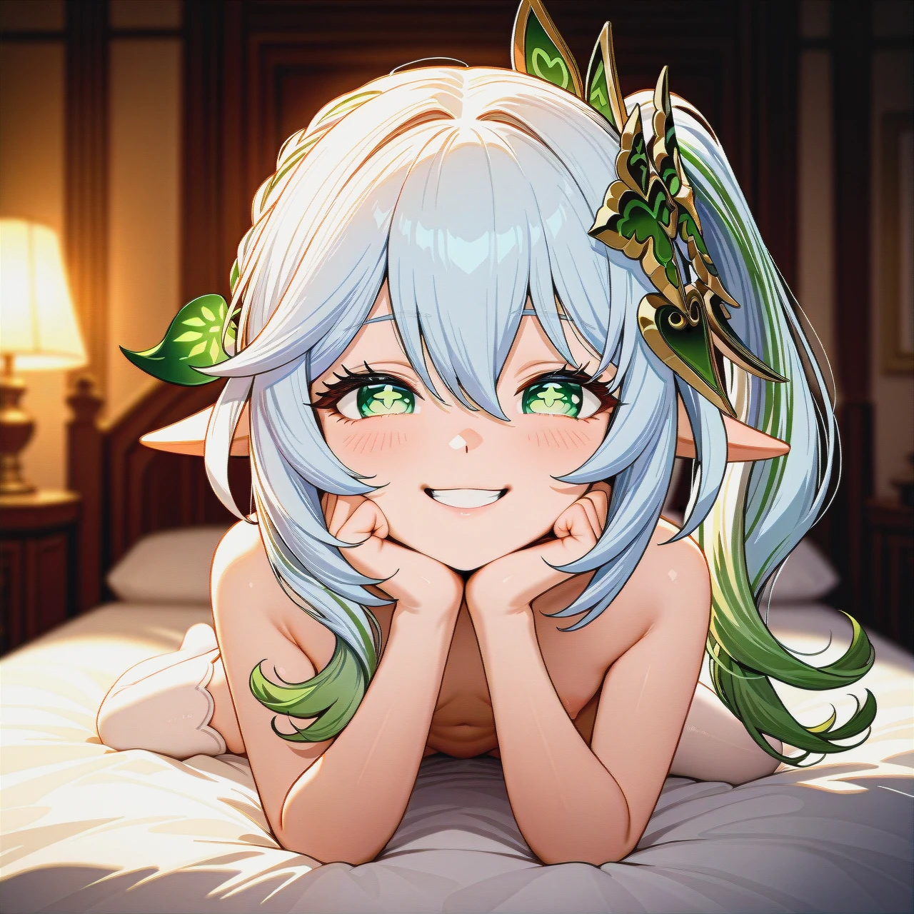 @nahida, anime style, cartoon style,in a medieval bedroom, teasing you, snarky face, smiling, first person (happy_sex), naked, first person perspective,, on bed,, white stockings, (sex)