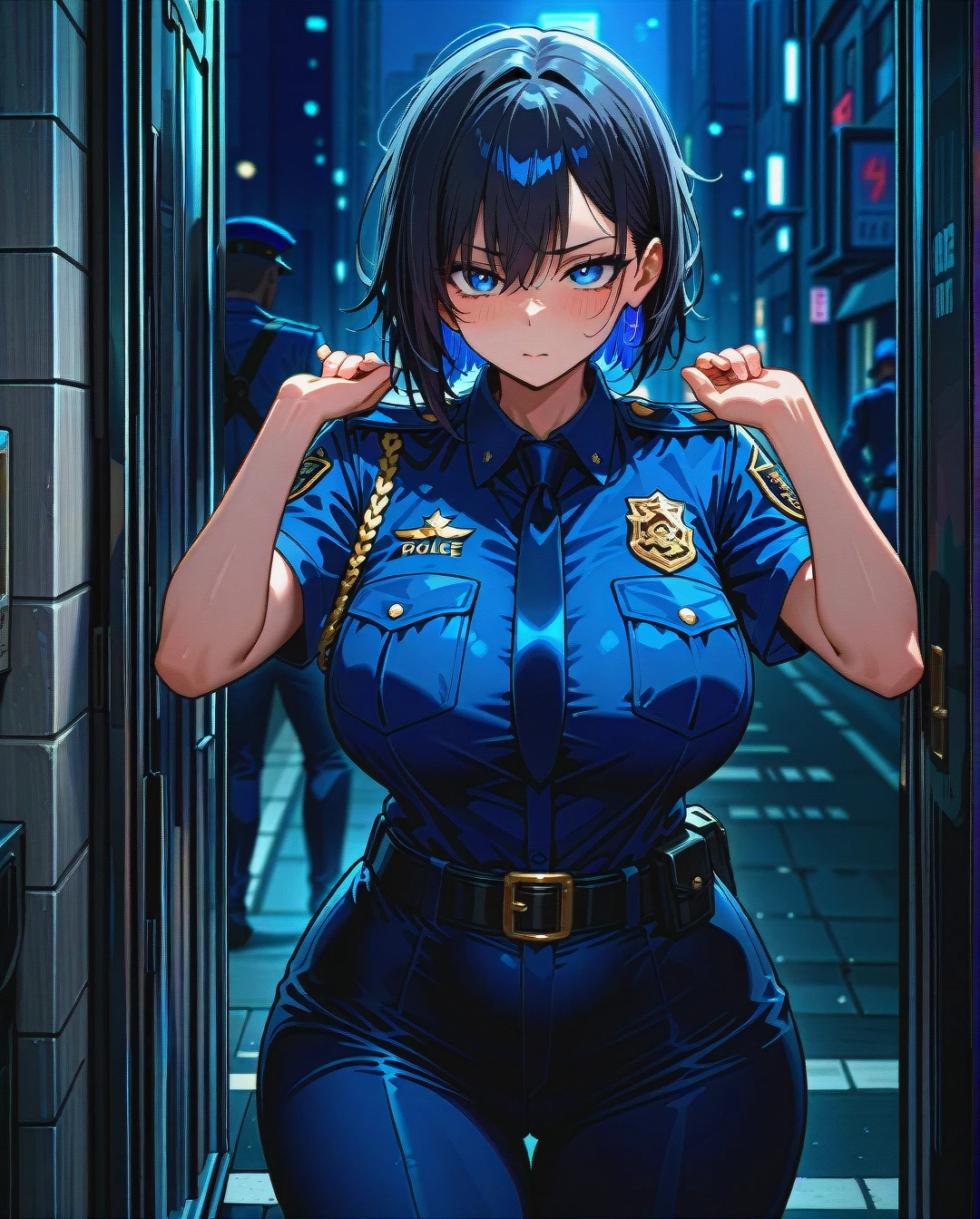 1girl, 1boy, dark_skinned_man, behind, (holding_shoulders:0.8), female_police_officer, night, urban_street, police_uniform, slightly_disheveled, blue_color_hint, attractive, (curvy:0.8), (hourglass_figure:0.8), large_breasts, wide_hips