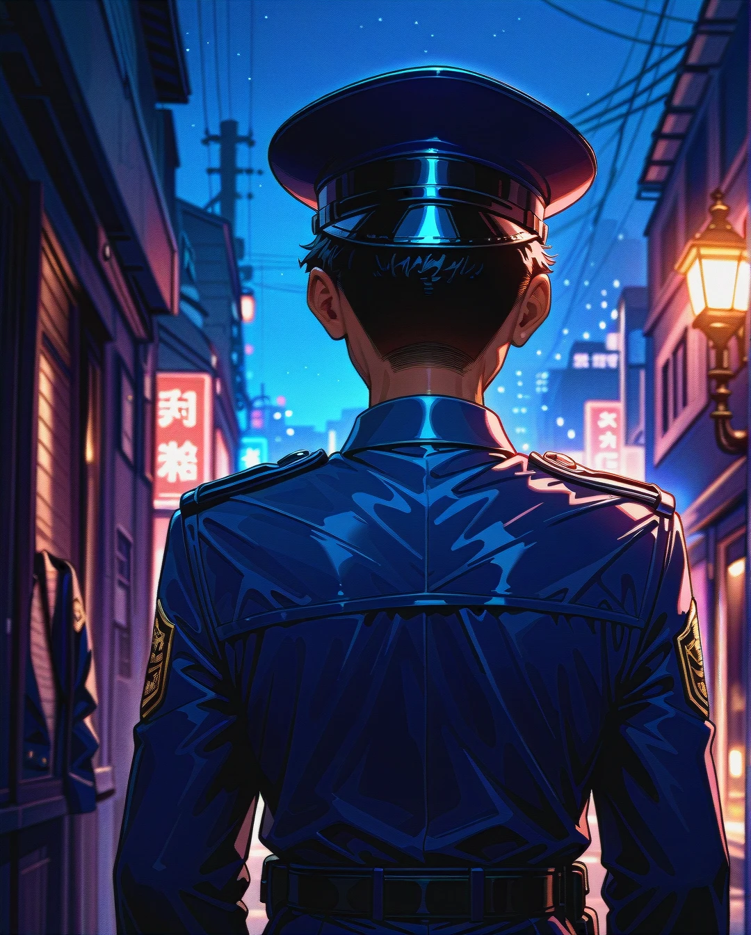 1girl, 1boy, dark_skinned_man, behind, female_police_officer, night, urban_street, police_uniform, slightly_disheveled, blue_color_hint, attractive