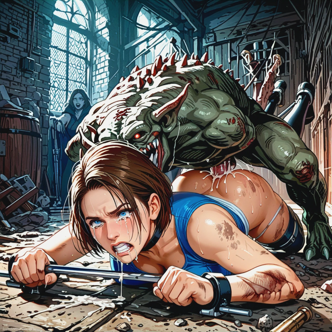 @jill_valentine, clothed , fucked by zombie, monster penis, (crying) (angry)  (clenched_teeth) (scared), (Mating)  zombie eating her arm, (screaming) (top-down_bottom-up) (irrumatio), drip cum, dirty  , spreader bar, vaginal, spread bar, grabing ass, in a dungeon ,stockings, anime style, deep thrusting,x-ray,creampie,tears,legs apart,