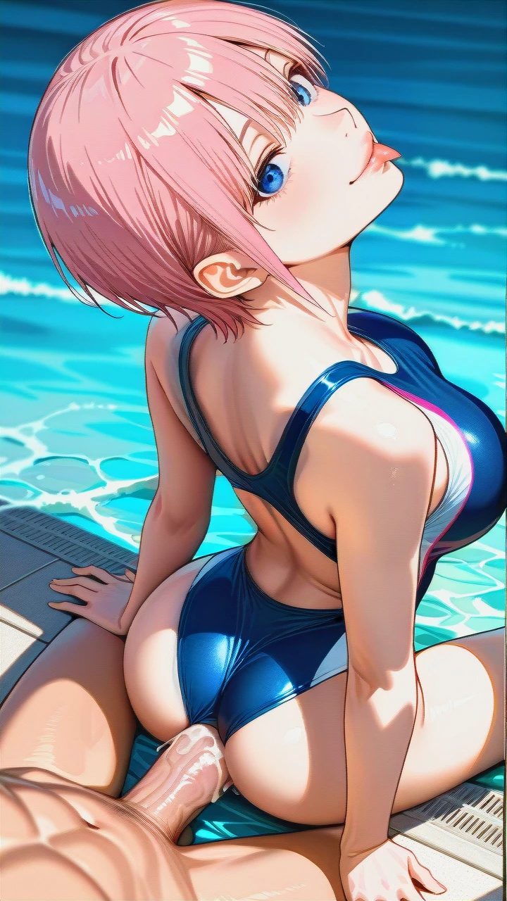 @nakano_ichika , 1 girl, 1 boy, sitting on ground,wearing competitive swimsuit,slim proportioned,lips,she arched back,head back,side view from above,big breast,slim proportioned body,lips,cum leaks,fall back,licking anal ,smile,close up lips,looking at view,huge penis,hold penis