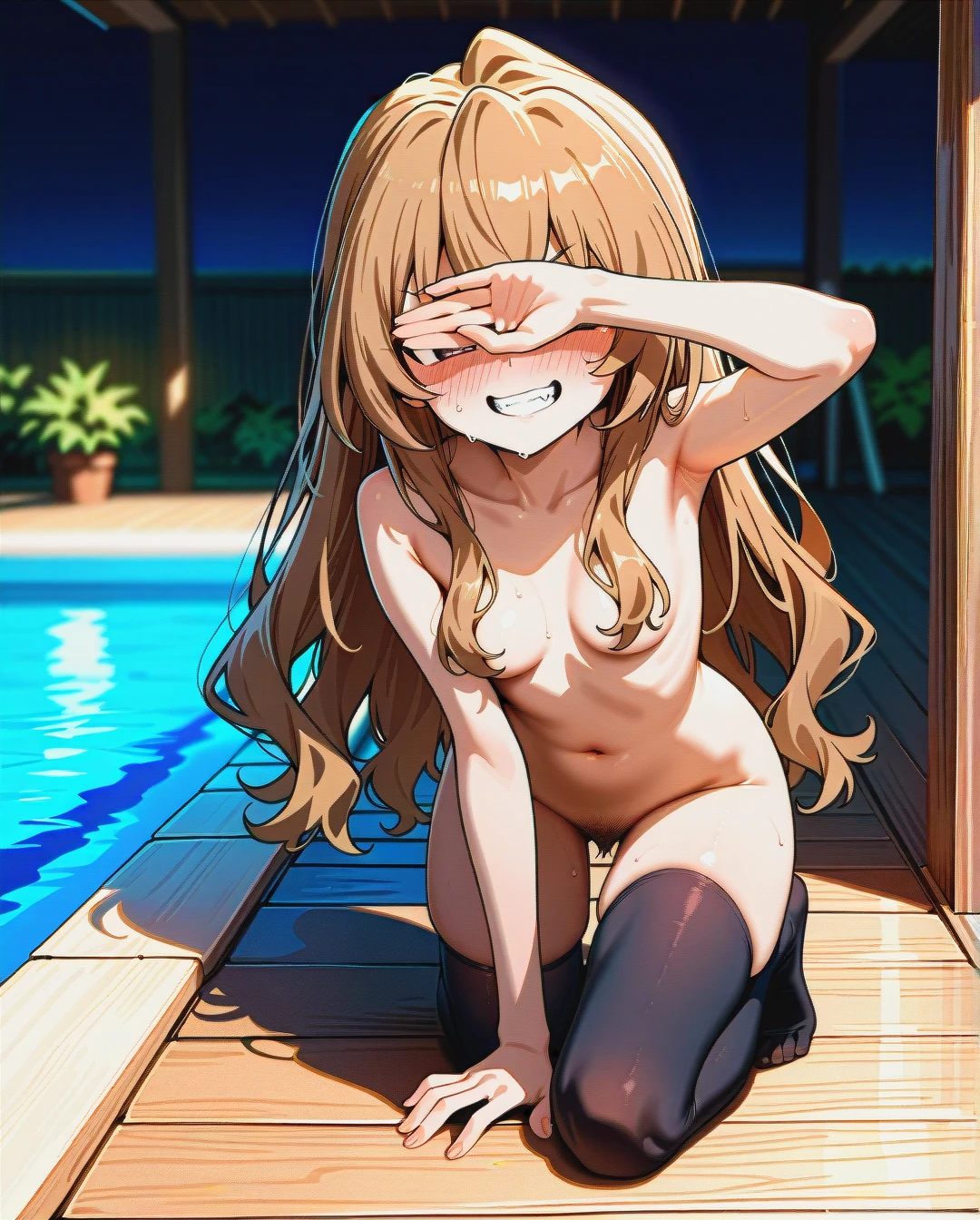 (kneeling), @aisaka_taiga, black thighhighs, (evil_smile), on wooden porch, swimming pool, (grin), hair falls over breasts, hair falls over nipples, (leg_up), nude, (medium_breasts), arm covering eyes, blush, arm between thighhighs, (clenched_teeth)