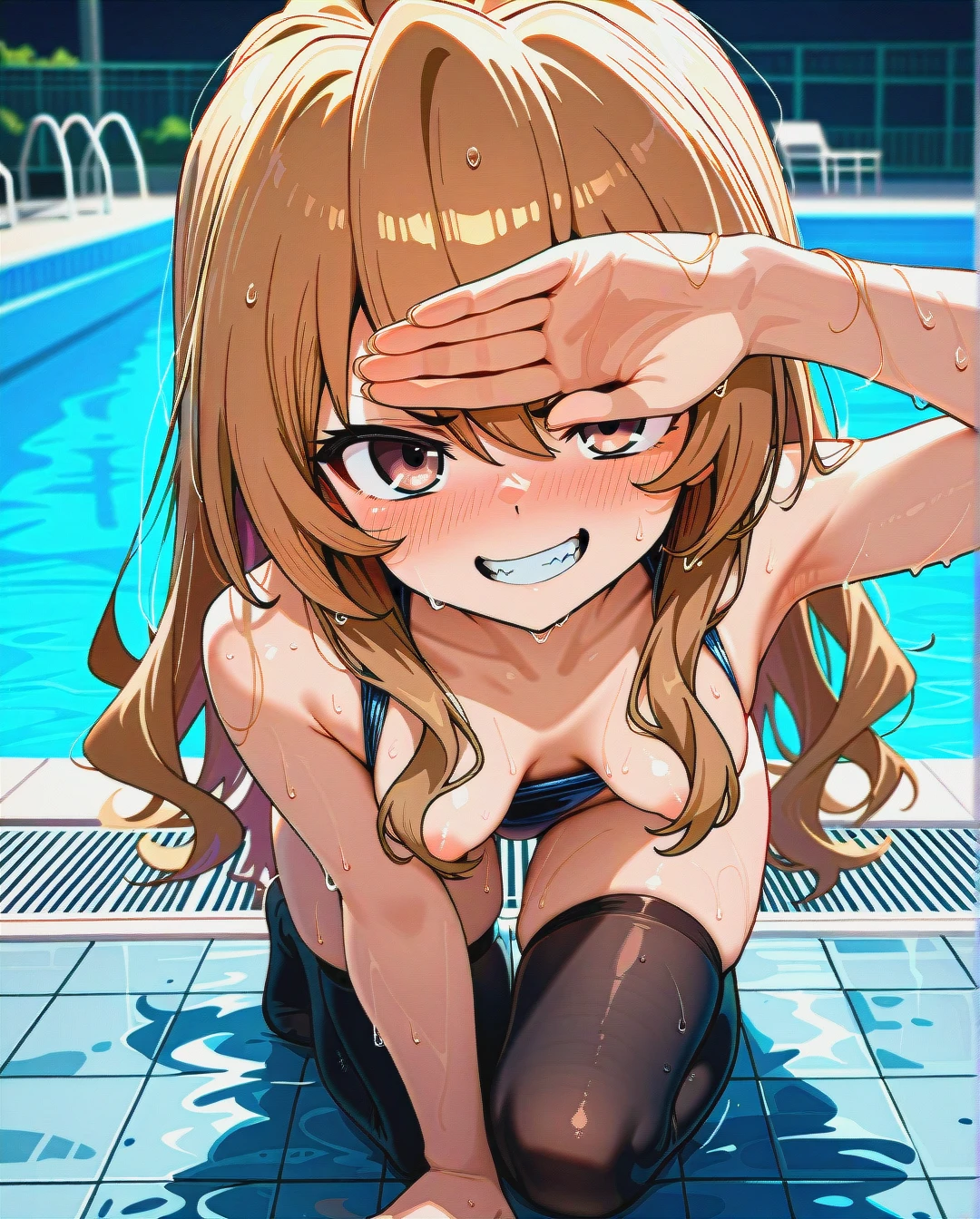 (kneeling), @aisaka_taiga, black thighhighs, (evil_smile), swimming pool, (grin), hair falls over breasts, hair falls over nipples, (leg_up), nude, (medium_breasts), arm covering eyes, blush, arm between thighhighs, (clenched_teeth), wet body, wet hair, swimsuit, breasts out