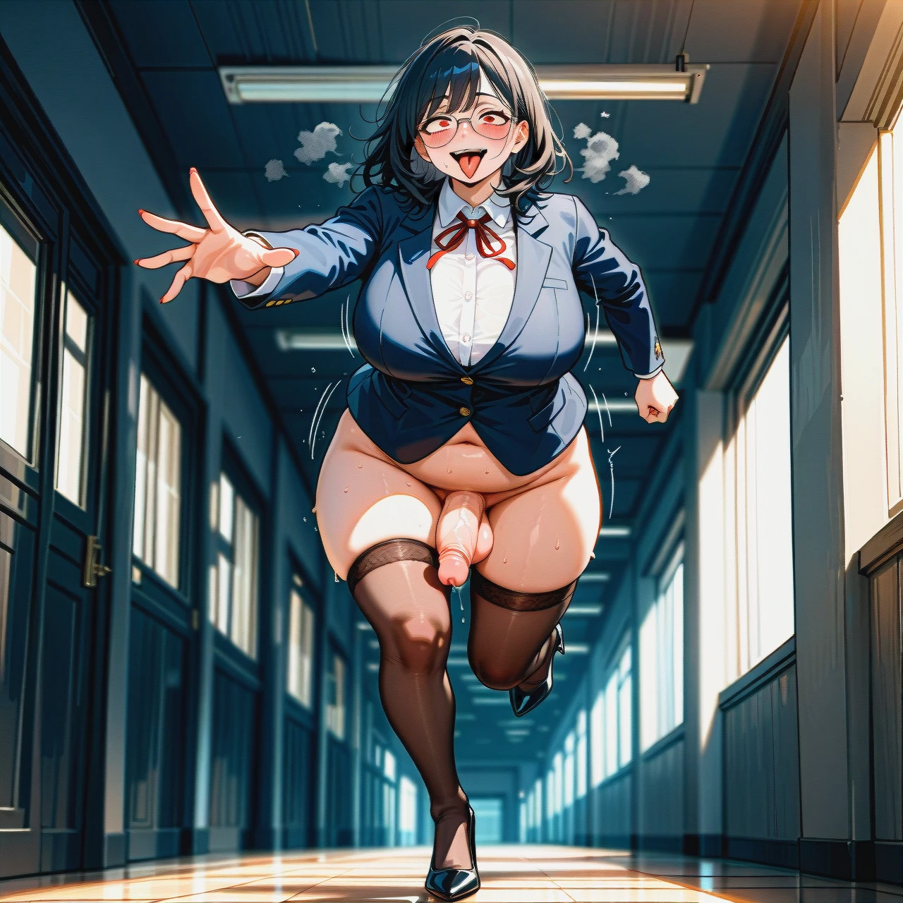 (fat), (futanari), (mature_female), (crazy_smile), (crazy_eyes), (tongue_out), blush, sweat, black medium hair, bangs, glasses, vine buttoned-up suit, neck ribbon, bottomless, brown stockings, black high heels, (reaching), penis out, bouncing penis, without testicles, running, school hallway