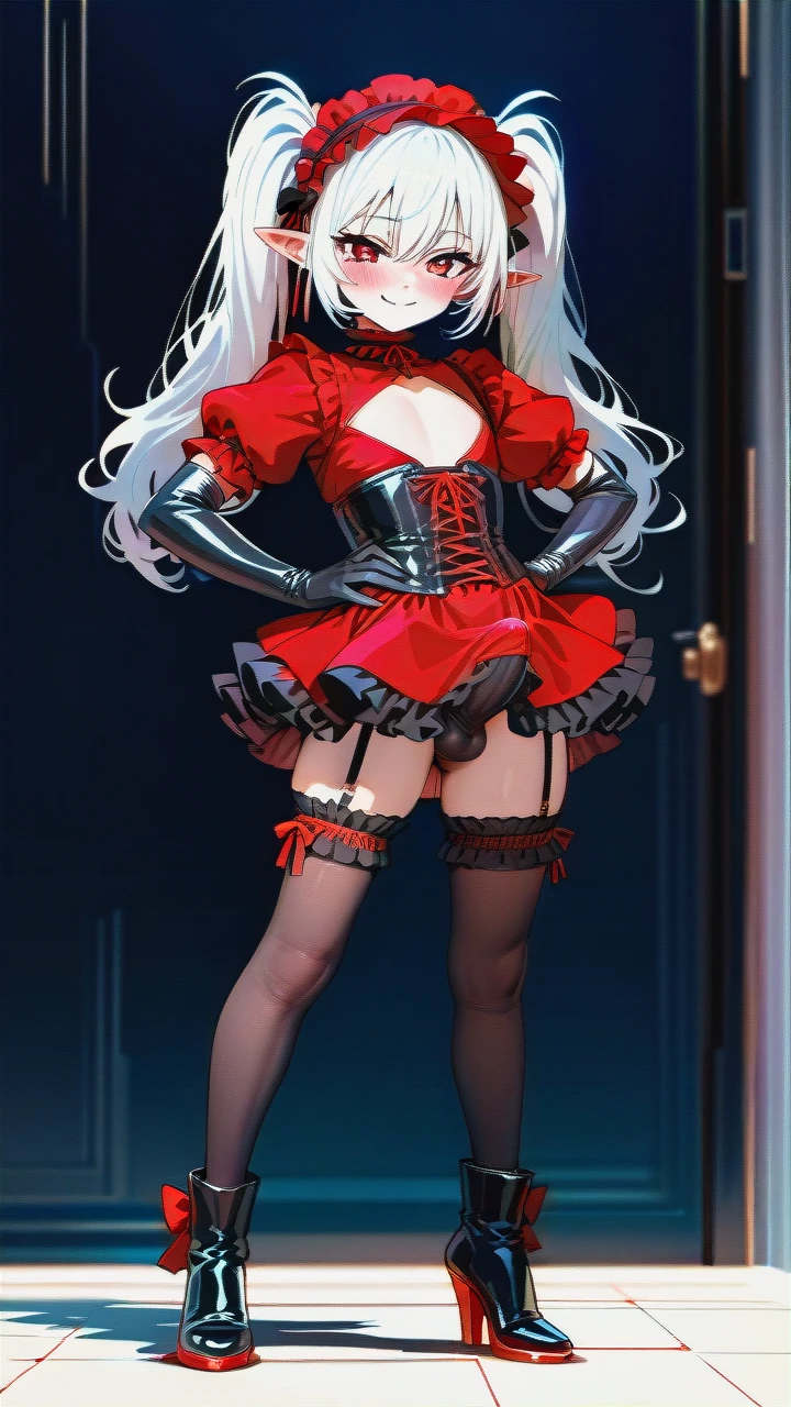 High_quality, (otoko_no_ko), (flat_chest), (frilled_thighhighs), garter_straps, pointy_ears, red_eyes, white_hair, red_dress, black_dress, elbow_gloves, frilled_headband, puffed_sleeves, frilled_choker, (cleavage_cutout),  (long_twin_ponytails), (ankle_boots_with_heels), slim_legs, corset, (legs_apart), (smile), (blush), (hands_on_hips), (erection_under_skirt), penis_bulge,