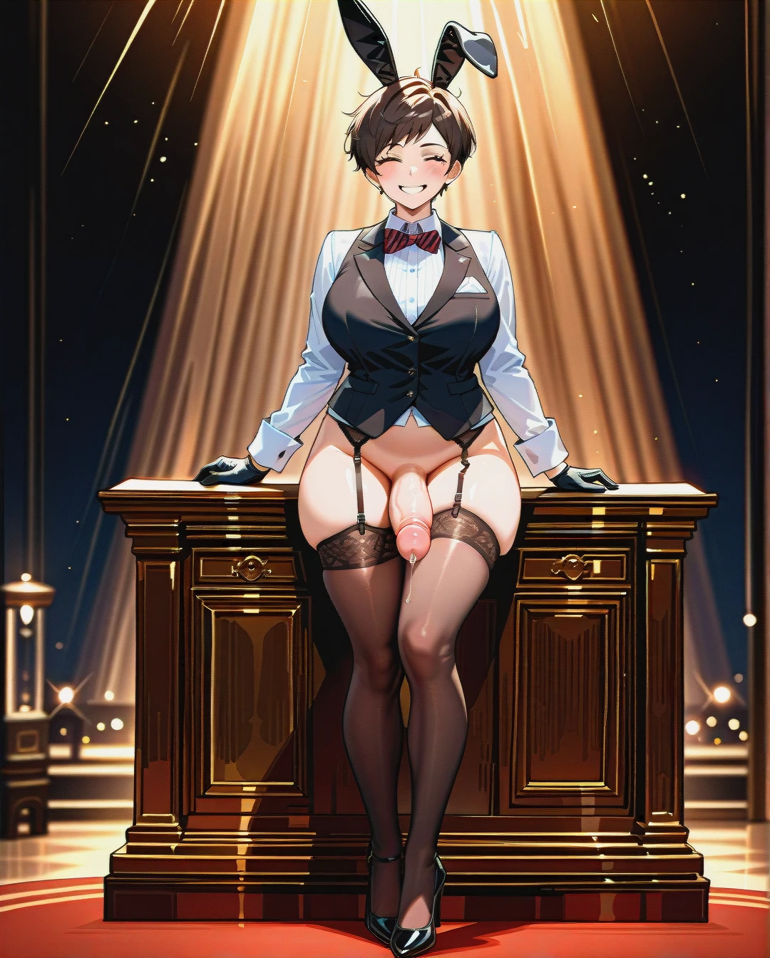 (fat) (reverse_trap), (futanari), (mature_female), winking, wide smiling, brunette pixie cut hair, black bunny ears, brown stockings, garter belts, black striped buttoned-up, waistcoat, white long sleeve shirt, red striped bowtie, black gloves, bottomless, black high heel pumps with pads, precum, standing on a stage podium