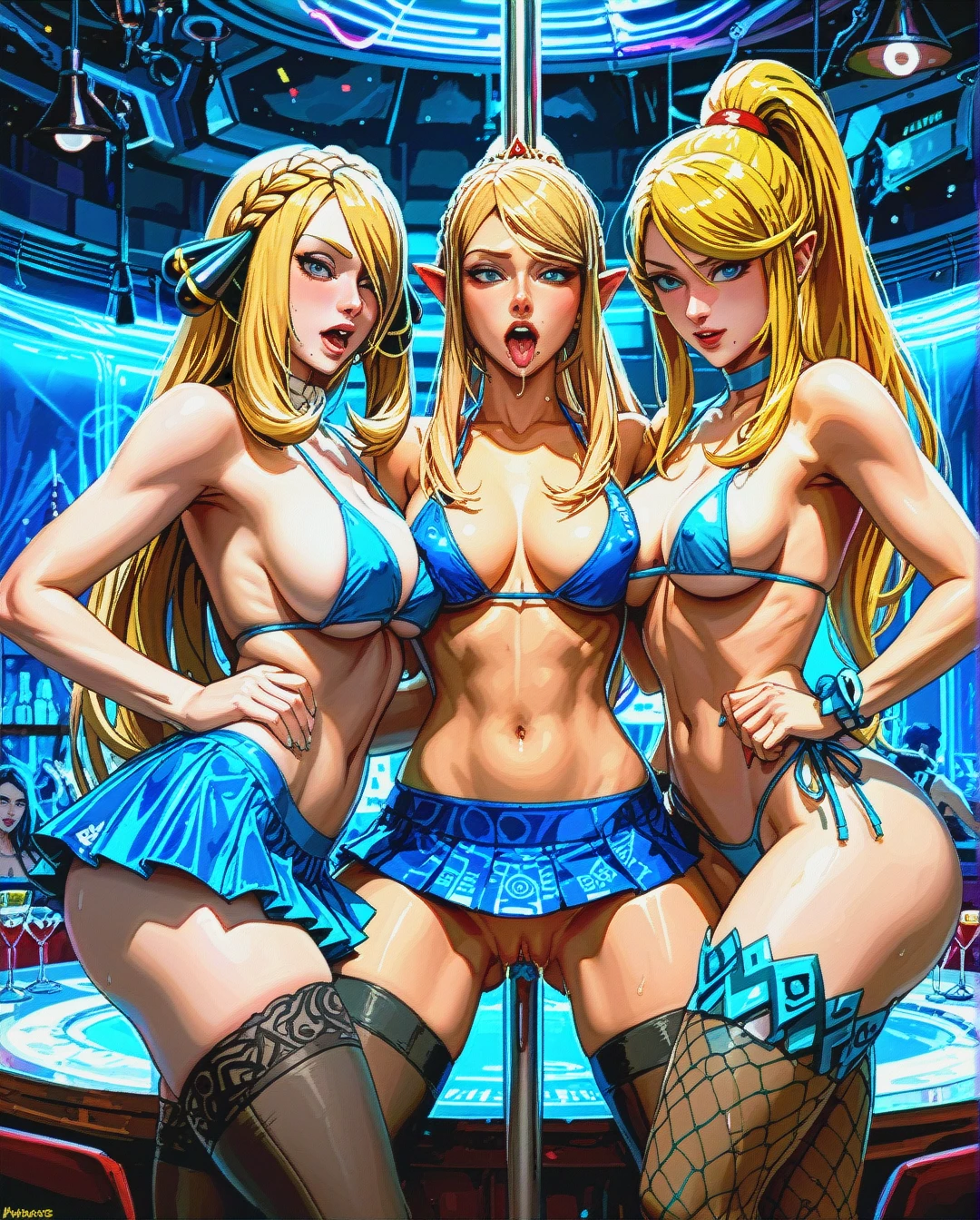 3 girls, @cynthia , @princess_zelda , Hayase @samus_aran  , no men , strip club, sex on a pole,bikinis sexy, nipple biting, stockings,skirts, sex, dual dildo, ahegao