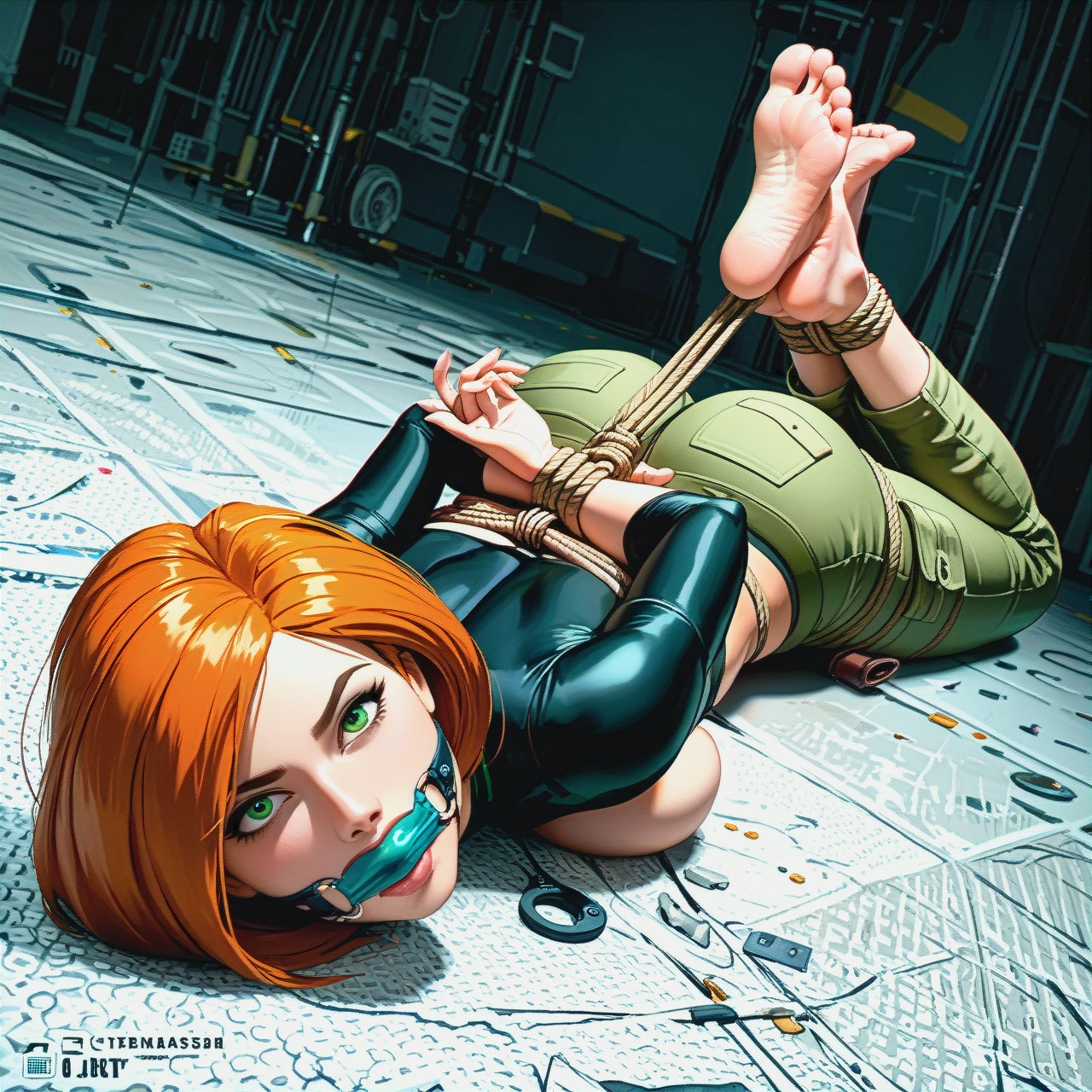 4K, 8K, 1girl, , , , @kim_possible black turtleneck, cargo pants, barefoot, , , , (on_stomach), rope (bondage), hogtied, (arms_behind_back), huge gag, , , , soles focus, (dutch_angle), (face view)