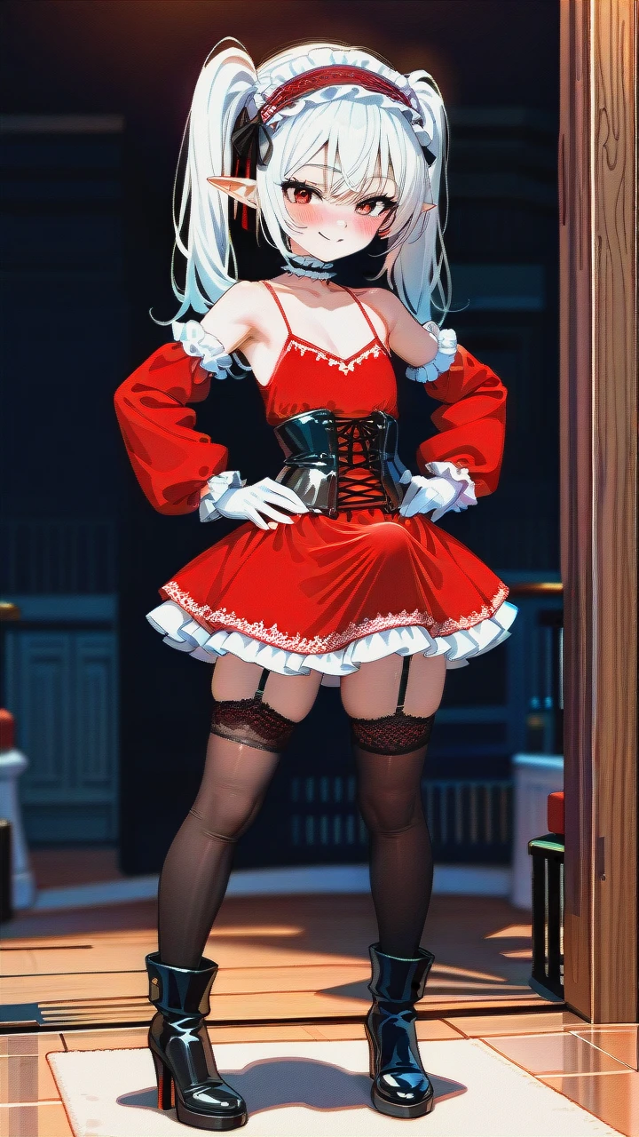 High_quality, (otoko_no_ko), (flat_chest), (frilled_thighhighs), garter_straps, pointy_ears, red_eyes, white_hair, red_dress, black_dress, elbow_gloves, frilled_headband, puffed_sleeves, frilled_choker, (cleavage_cutout),  (long_twin_ponytails), (ankle_boots_with_heels), slim_legs, corset, (legs_apart), (smile), (blush), (hands_on_hips), (erection_under_skirt), penis_bulge,