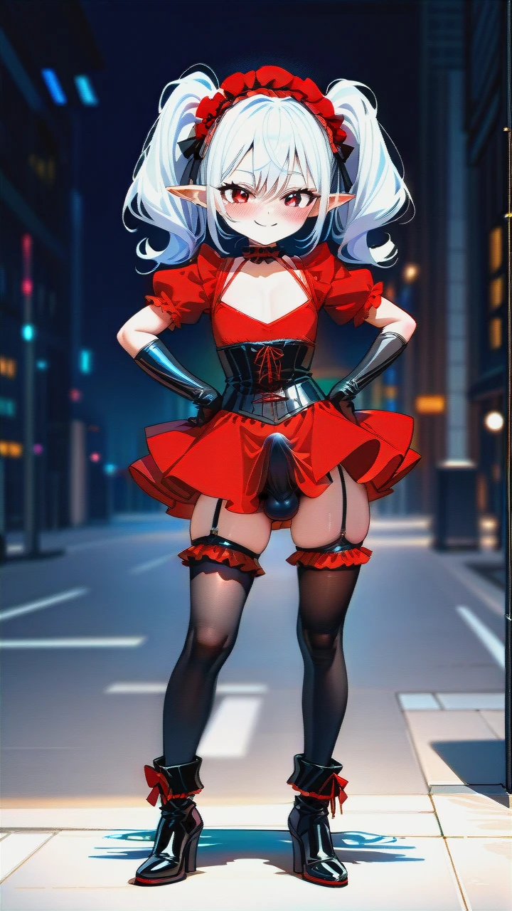 High_quality, (otoko_no_ko), (flat_chest), (frilled_thighhighs), garter_straps, pointy_ears, red_eyes, white_hair, red_dress, black_dress, elbow_gloves, frilled_headband, puffed_sleeves, frilled_choker, (cleavage_cutout),  (long_twin_ponytails), (ankle_boots_with_heels), slim_legs, corset, (legs_apart), (smile), (blush), (hands_on_hips), (erection_under_skirt), penis_bulge,