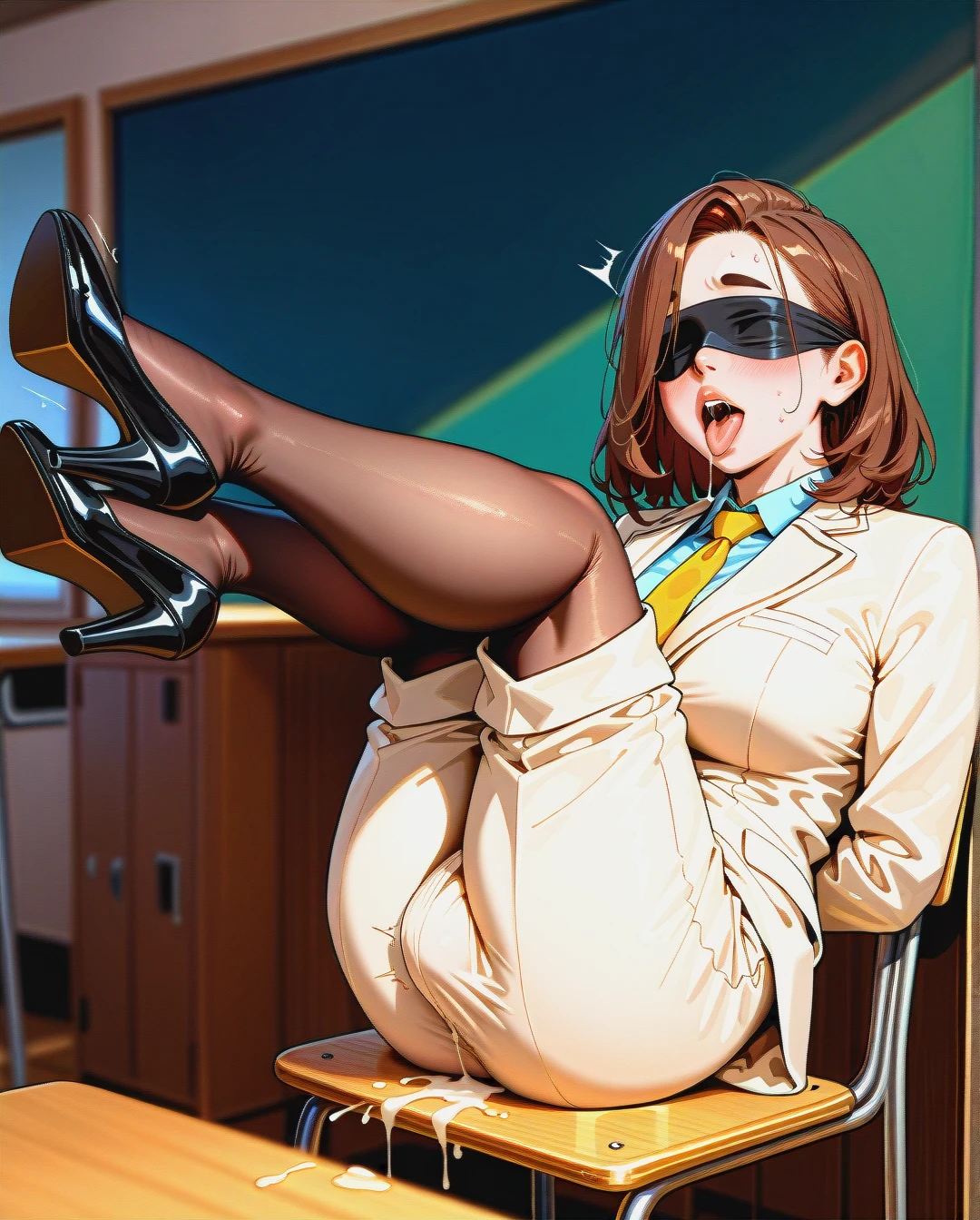 (fat) (mature_female), (futanari), brunette medium hair, fat eyebrows, (ahegao), black blindfold, beige buttoned-up suit, yellow tie, beige ironed long wide trousers, black mary jane high heel pumps, brown stockings, sitting on a chair, classroom, hands, (arms_behind_back), orgasm, (legs_up)