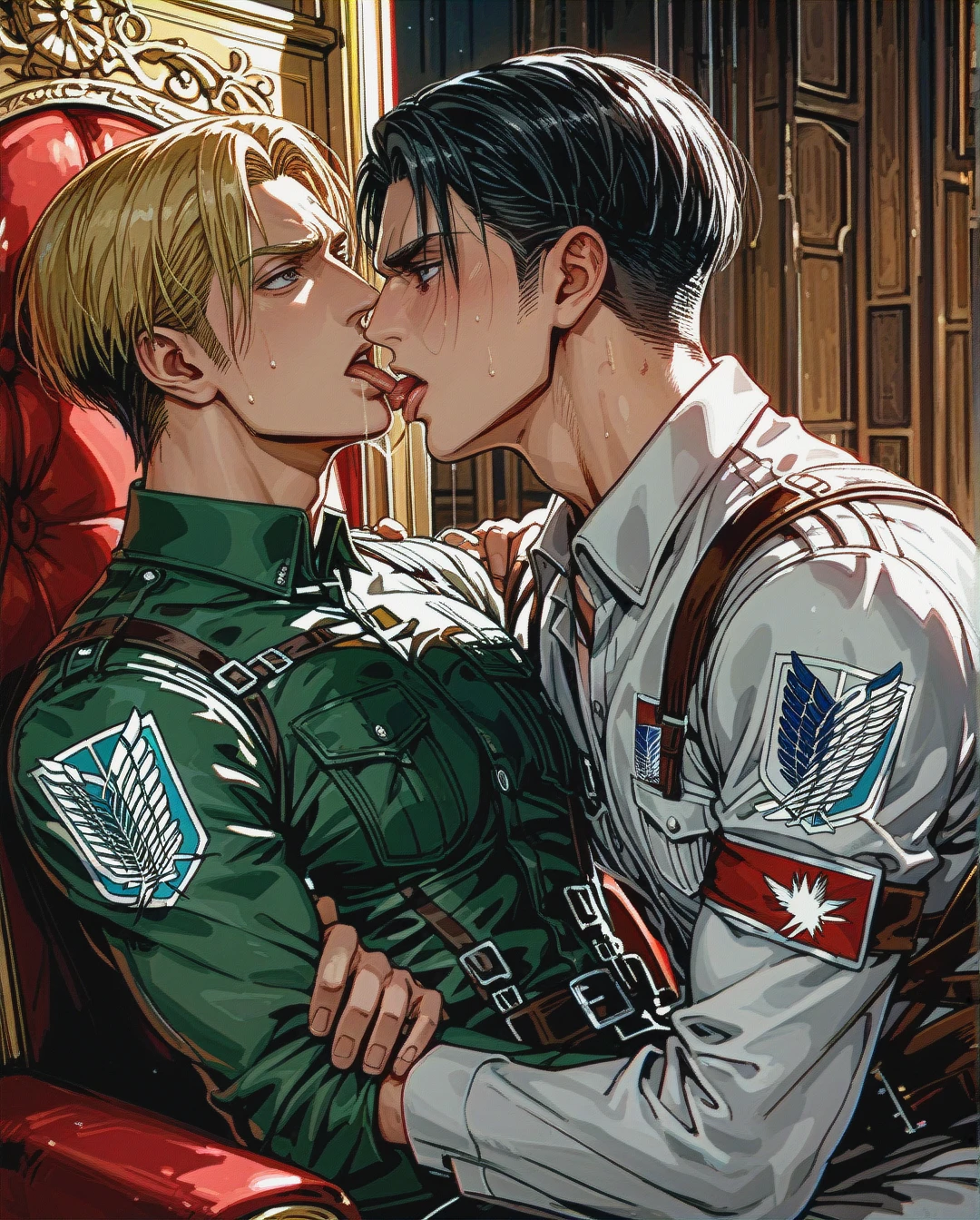 Two guys: man @levi lies next to blonde man  @erwin_smith and licks his cock @erwin_smith sits on the throne and @levi is in front of him), gay, yaoi, male body, , both fully viewed