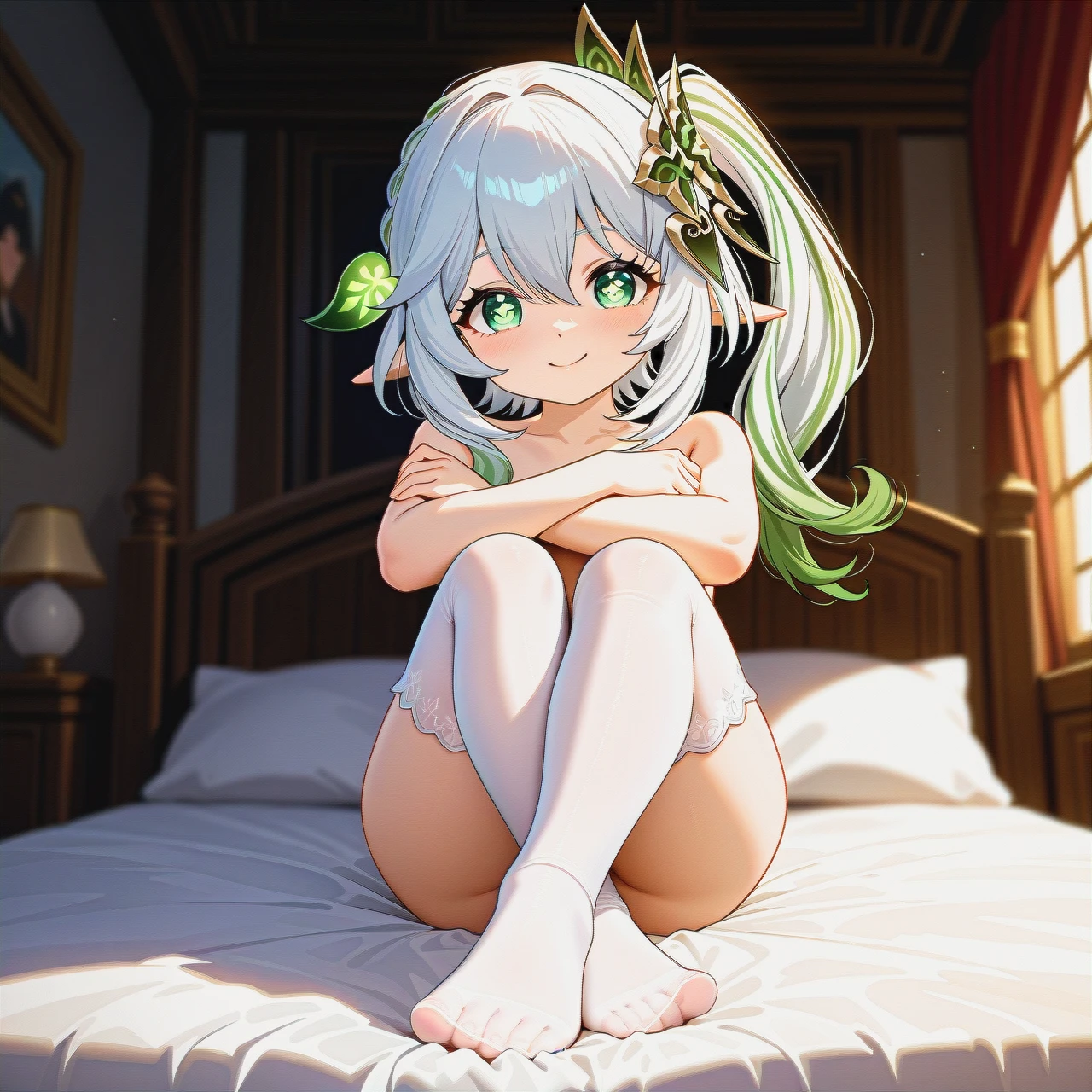 @nahida, petite body, anime style, cartoon style,in a medieval bedroom, teasing you, cute face, smiling, hugging you, on top of your leg, naked, first person perspective,, on bed,, white stockings, on your feet