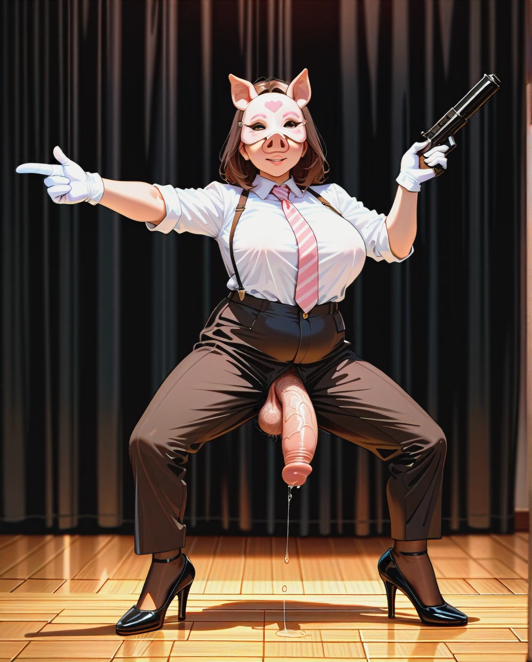 (fat) (futanari) (mature_female), pig mask, brunette medium hair, bangs, biege striped buttoned-up suit, white shirt, light-pink tie, white gloves, beige striped ironed long wide trousers, black high heel pumps, brown stockings, stage, wooden floor, black curtains, penis out, erected up penis, veiny penis, hairy balls, precum, dancing, (finger_gun)