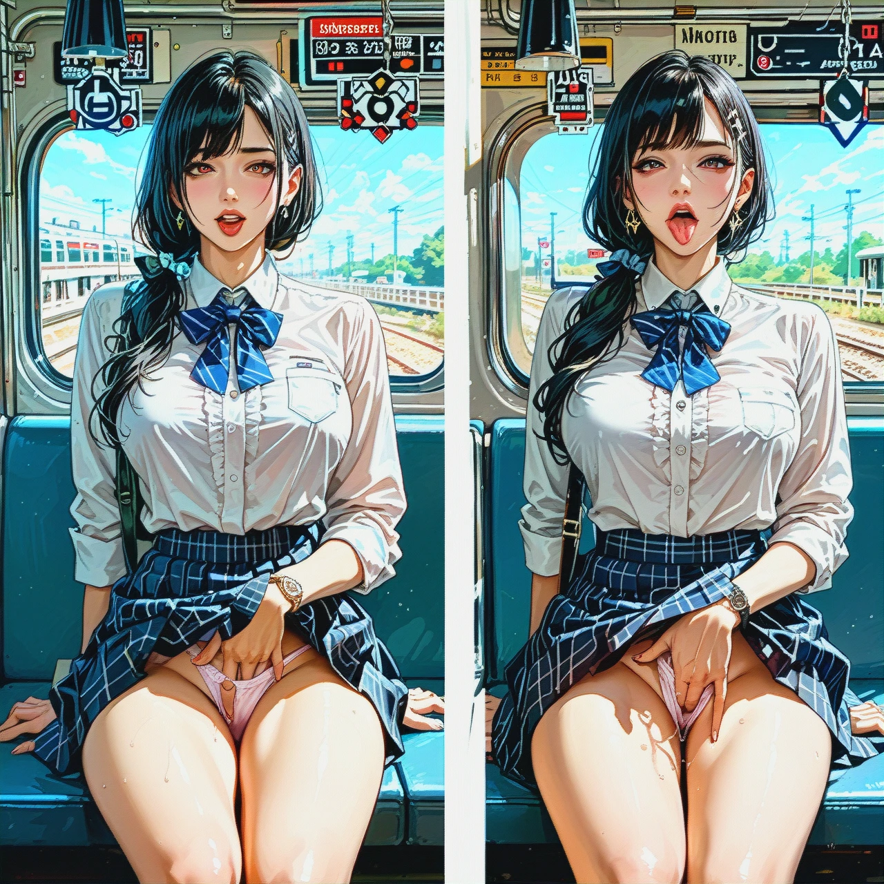 2 views  (skirt_lift)  (netorare)   (tongue_out)   (grabbing) (looking_at_another)  (anal_fingering) (holding_panties)     (molestation) in train