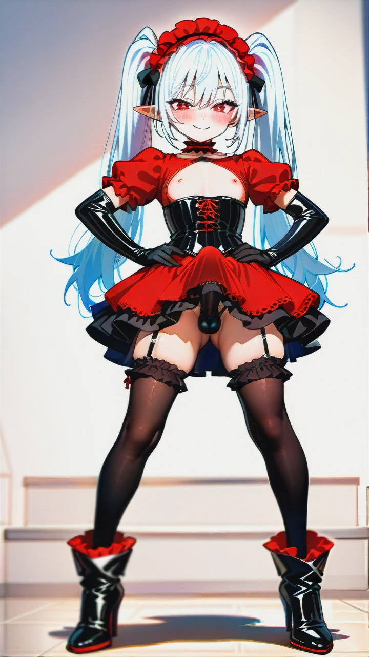 High_quality, (otoko_no_ko), (flat_chest), (frilled_thighhighs), garter_straps, pointy_ears, red_eyes, white_hair, red_dress, black_dress, elbow_gloves, frilled_headband, puffed_sleeves, frilled_choker, (cleavage_cutout),  (long_twin_ponytails), (ankle_boots_with_heels), slim_legs, corset, (legs_apart), (smile), (blush), (hands_on_hips), (erection_under_skirt), penis_bulge,