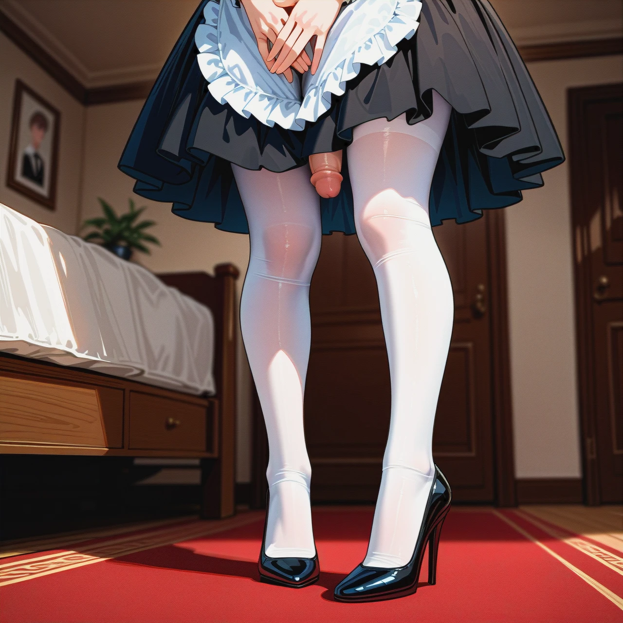 (fat) (reverse_trap), (futanari), (mature_female), (shy), brunette pixie cut hair, freckles, maid costume, white tights, flat chest, black high heel pumps, bedroom, penis out, walking, (own_hands_together)