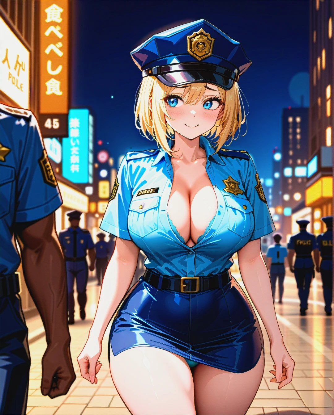 1girl, 1boy, dark_skinned_man, behind, female_police_officer, night, street, walking, police_uniform_shirt, unbuttoned, blue_panties_visible, curvy, large_breasts, wide_hips, hourglass_figure, nervous_smile, detailed_face, attractive, police_hat, blurry_background, nighttime_cityscape