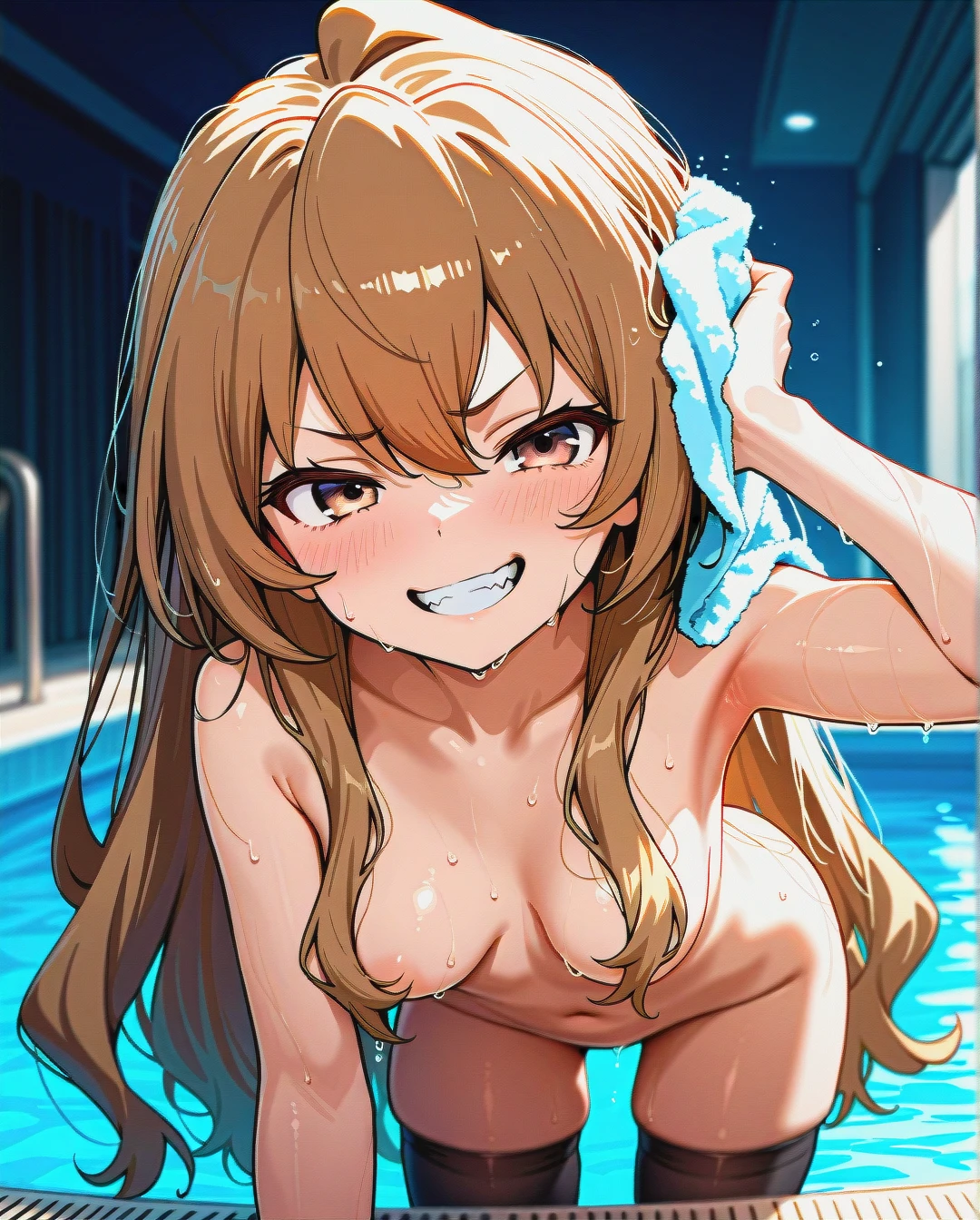 @aisaka_taiga, black stockings, nude, hair falls over breasts, hair falls over nipples, (evil_smile), (grin), (teeth), (clenched_teeth), medium breasts, (drying_hair), wet body, swimming pool