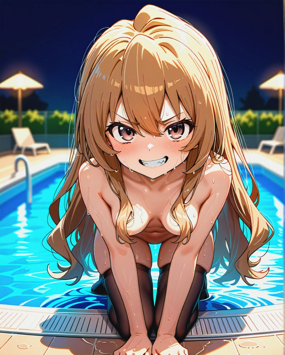 @aisaka_taiga, black stockings, nude, hair falls over breasts, hair falls over nipples, (evil_smile), (grin), (teeth), (clenched_teeth), medium breasts, (drying_hair), wet body, (kneeling), swimming pool at school