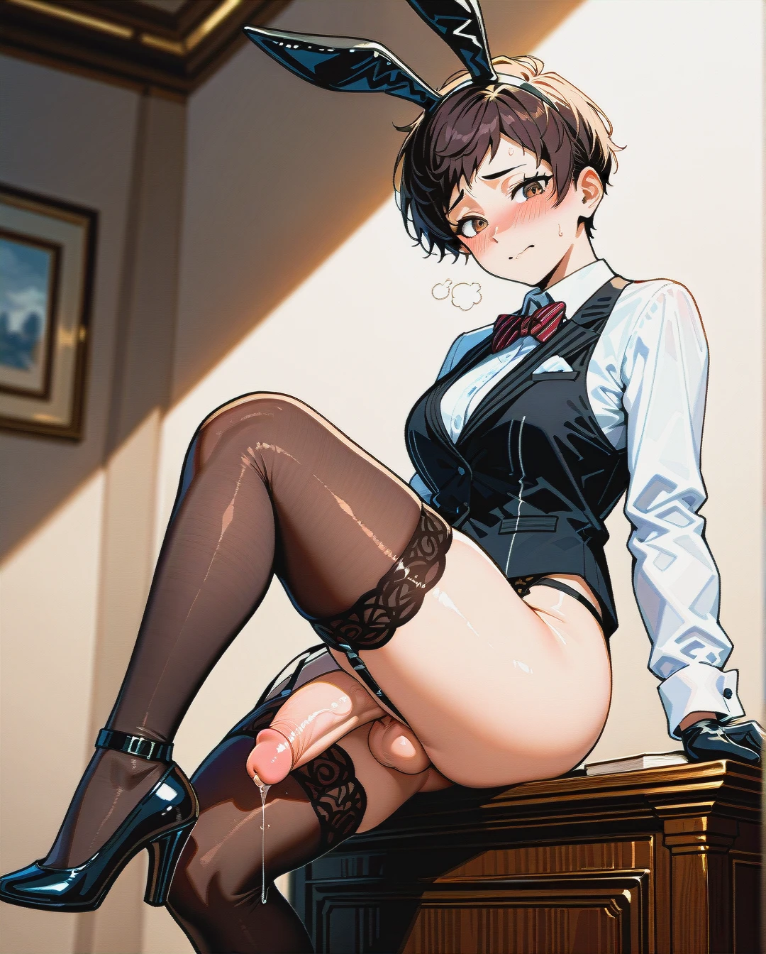 (fat) (reverse_trap), (futanari), (mature_female), (embarrassed), brunette pixie cut hair, black bunny ears, brown stockings, garter belts, black striped buttoned-up, waistcoat, white long sleeve shirt, red striped bowtie, black gloves, bottomless, black high heel pumps, precum, stripteasing on a podium