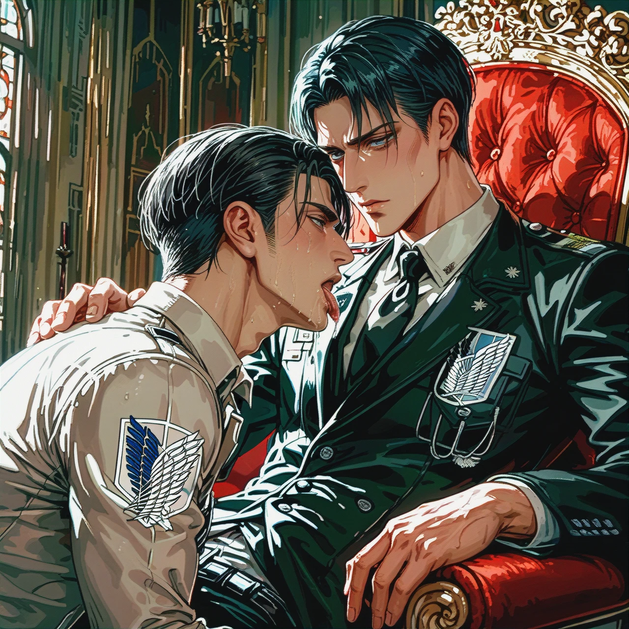 Two guys: man @levi lies next to @erwin_smith and licks his cock @erwin_smith sits on the throne and @levi is in front of him), gay, yaoi, male body,