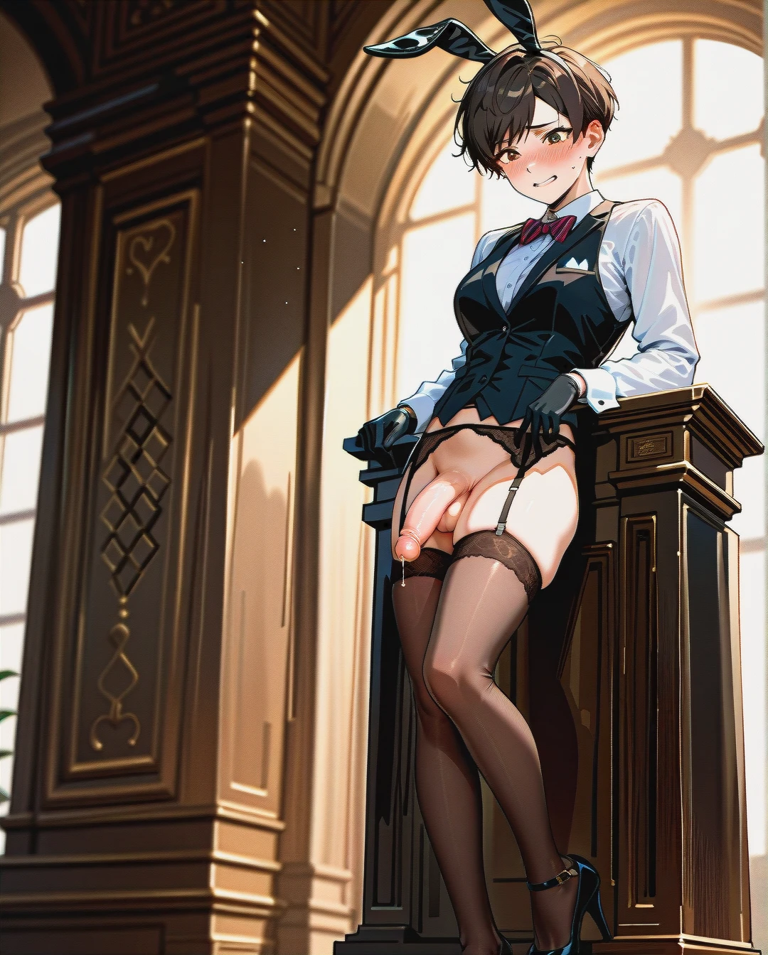 (fat) (reverse_trap), (futanari), (mature_female), (embarrassed), wide smiling, brunette pixie cut hair, black bunny ears, brown stockings, garter belts, black striped buttoned-up, waistcoat, white long sleeve shirt, red striped bowtie, black gloves, bottomless, black high heel pumps, precum, standing on a podium