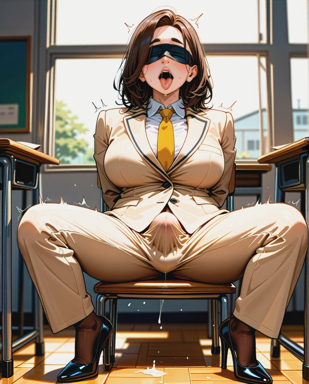 (fat) (mature_female), (futanari), brunette medium hair, fat eyebrows, (ahegao), black blindfold, beige buttoned-up suit, yellow tie, beige ironed long wide trousers, black mary jane high heel pumps, brown stockings, sitting on a chair, classroom, hands, (arms_behind_back), orgasm