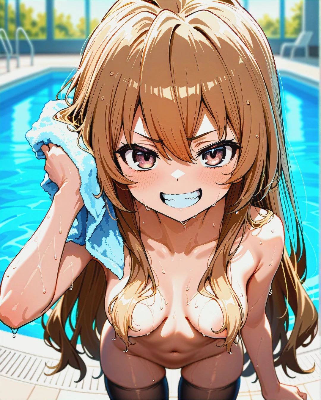 @aisaka_taiga, black stockings, nude, hair falls over breasts, hair falls over nipples, (evil_smile), (grin), (teeth), (clenched_teeth), medium breasts, (drying_hair), wet body, swimming pool at school, girl in swimsuit, girls in swimsuit around