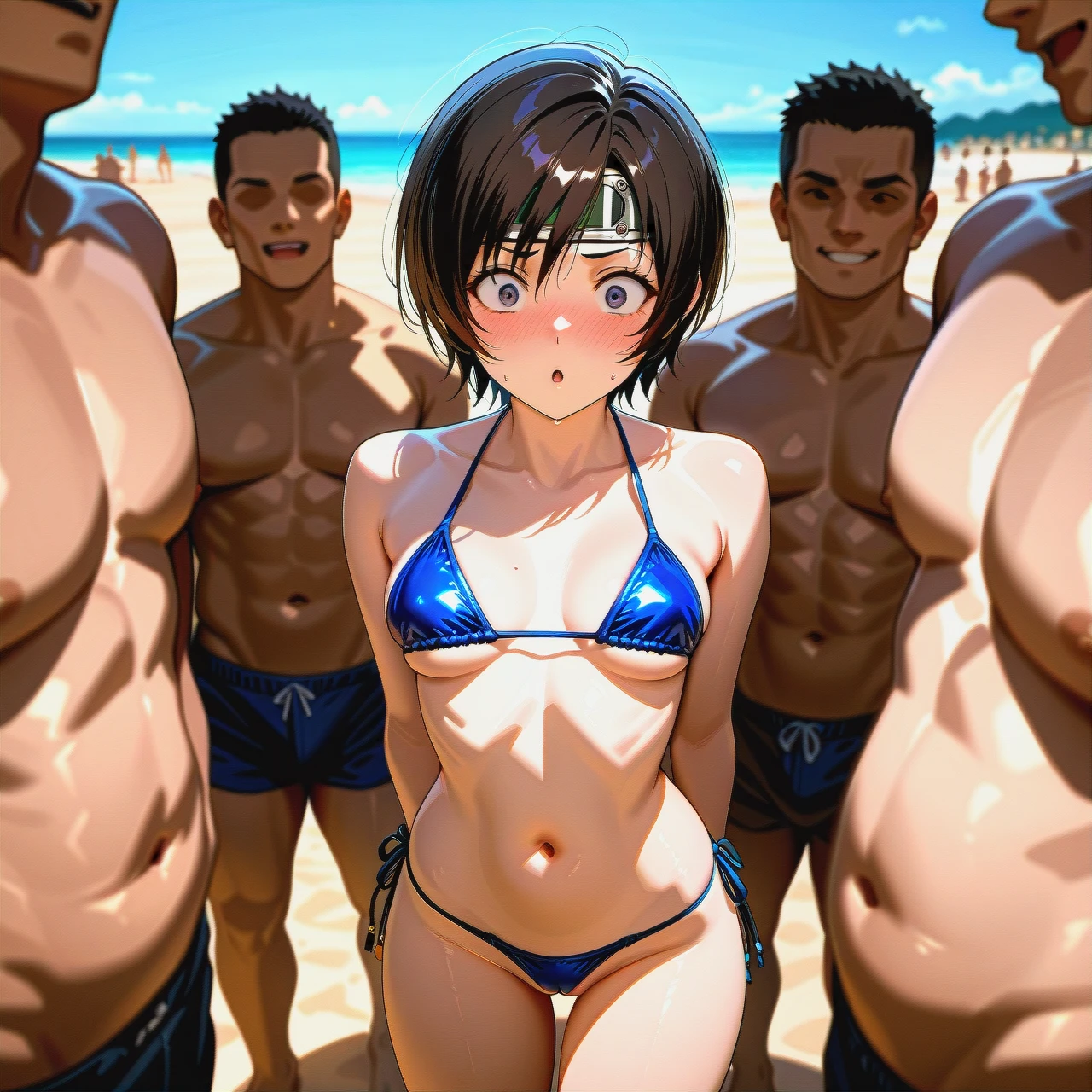 @yuffie_kisaragi , in a blue bikini, petite body, medium boobs, in panic face, (wide_eyed), surrounded by men,  men are removing her bikini, men are removing her clothing, revealing her pussy (light_blush), petite body, medium body,  in a beach, men touching her ass, men touching her boobs,  surrounded by men, looking at the men