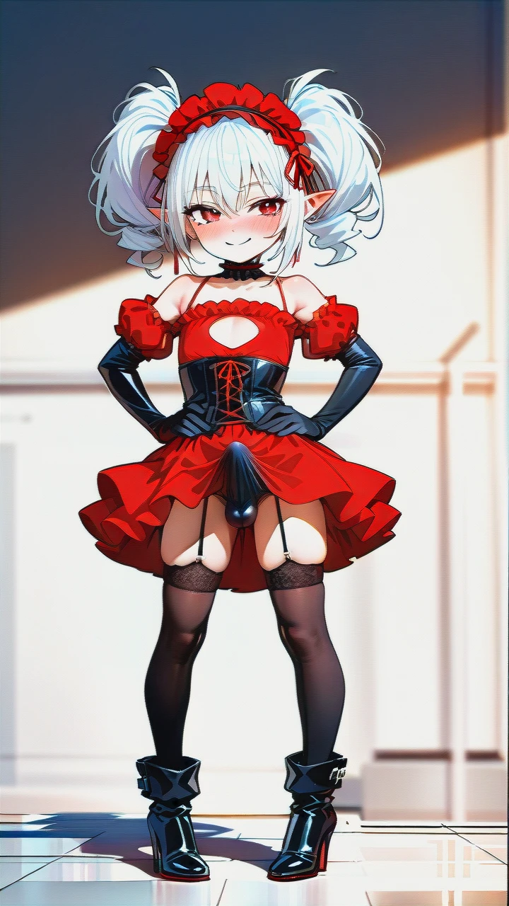 High_quality, (otoko_no_ko), (flat_chest), (frilled_thighhighs), garter_straps, pointy_ears, red_eyes, white_hair, red_dress, black_dress, elbow_gloves, frilled_headband, puffed_sleeves, frilled_choker, (cleavage_cutout),  (long_twin_ponytails), (ankle_boots_with_heels), slim_legs, corset, (legs_apart), (smile), (blush), (hands_on_hips), (erection_under_skirt), penis_bulge,