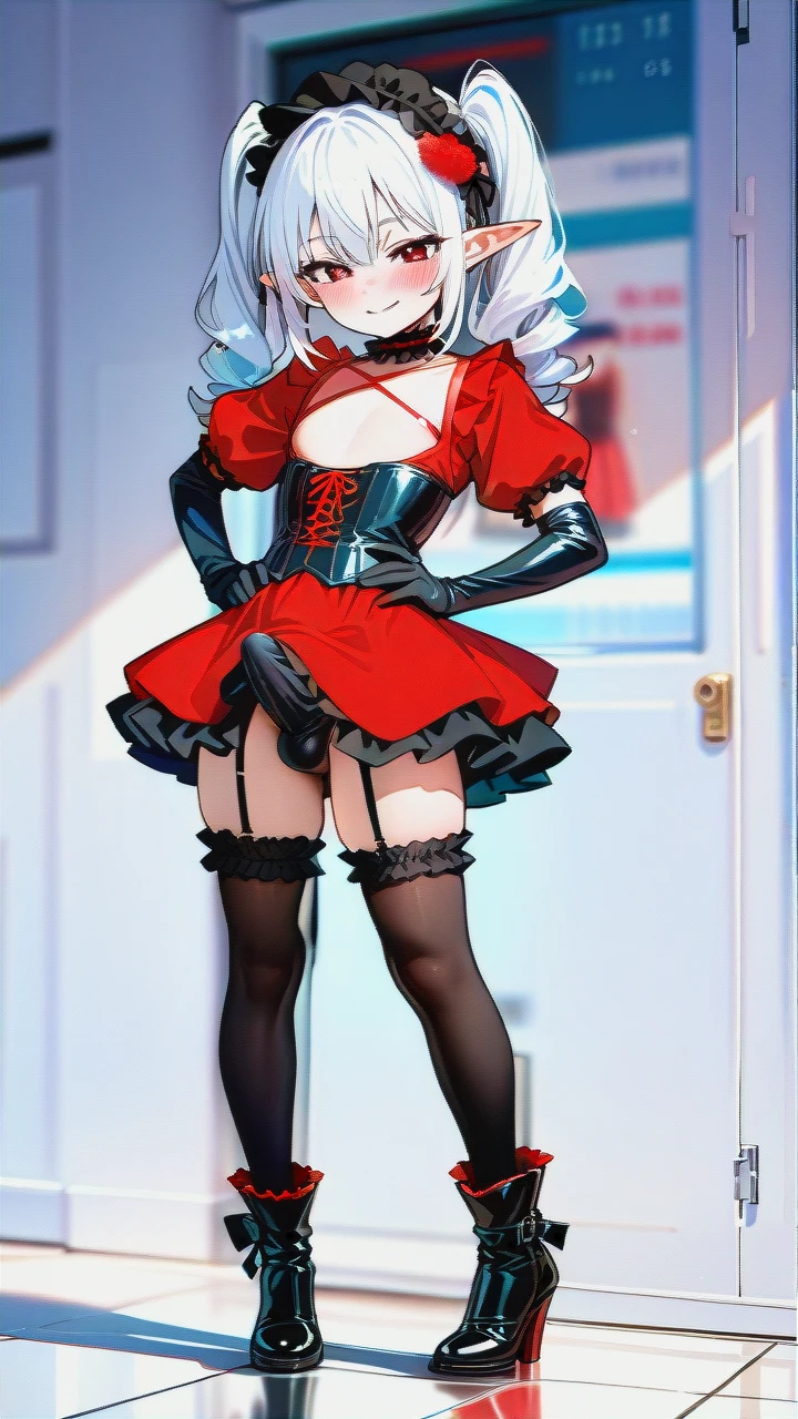 High_quality, (otoko_no_ko), (flat_chest), (frilled_thighhighs), garter_straps, pointy_ears, red_eyes, white_hair, red_dress, black_dress, elbow_gloves, frilled_headband, puffed_sleeves, frilled_choker, (cleavage_cutout),  (long_twin_ponytails), (ankle_boots_with_heels), slim_legs, corset, (legs_apart), (smile), (blush), (hands_on_hips), (erection_under_skirt), penis_bulge,