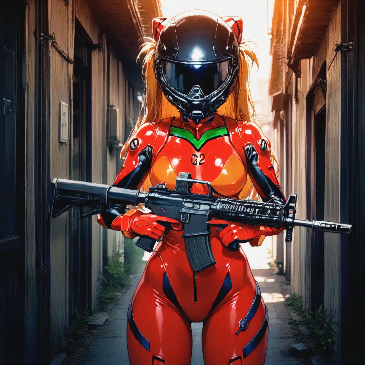 (((without helmet))), Asuka Langley, m16 with silencer in hand, rifle in hands