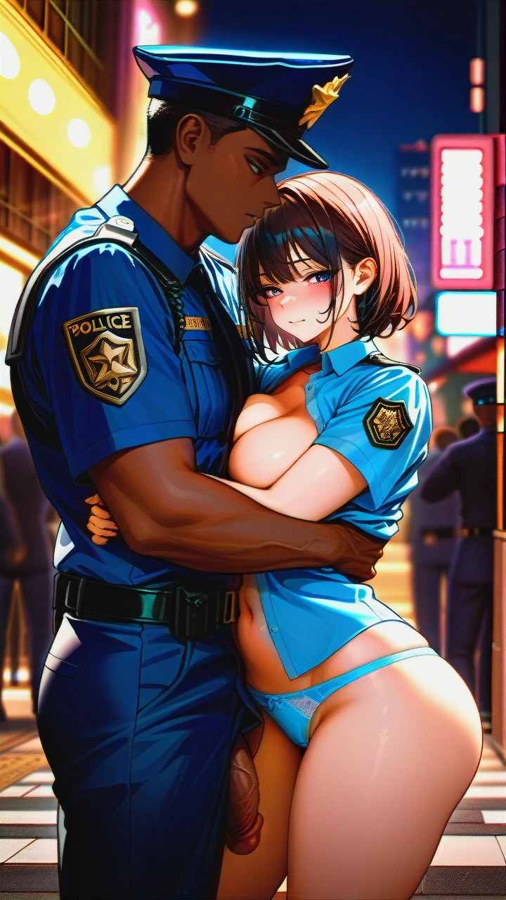 1boy1girl,dark_skinned_boy,big_penis,prisoner,(arm_hug), female_police_officer, night,street, (hands_on_hips), police_uniform_shirt, unbuttoned, blue_panties, (curvy),(large_breasts), wide_hips, hourglass_figure, confident_expression, detailed_face, attractive, nighttime_cityscape, police_hat