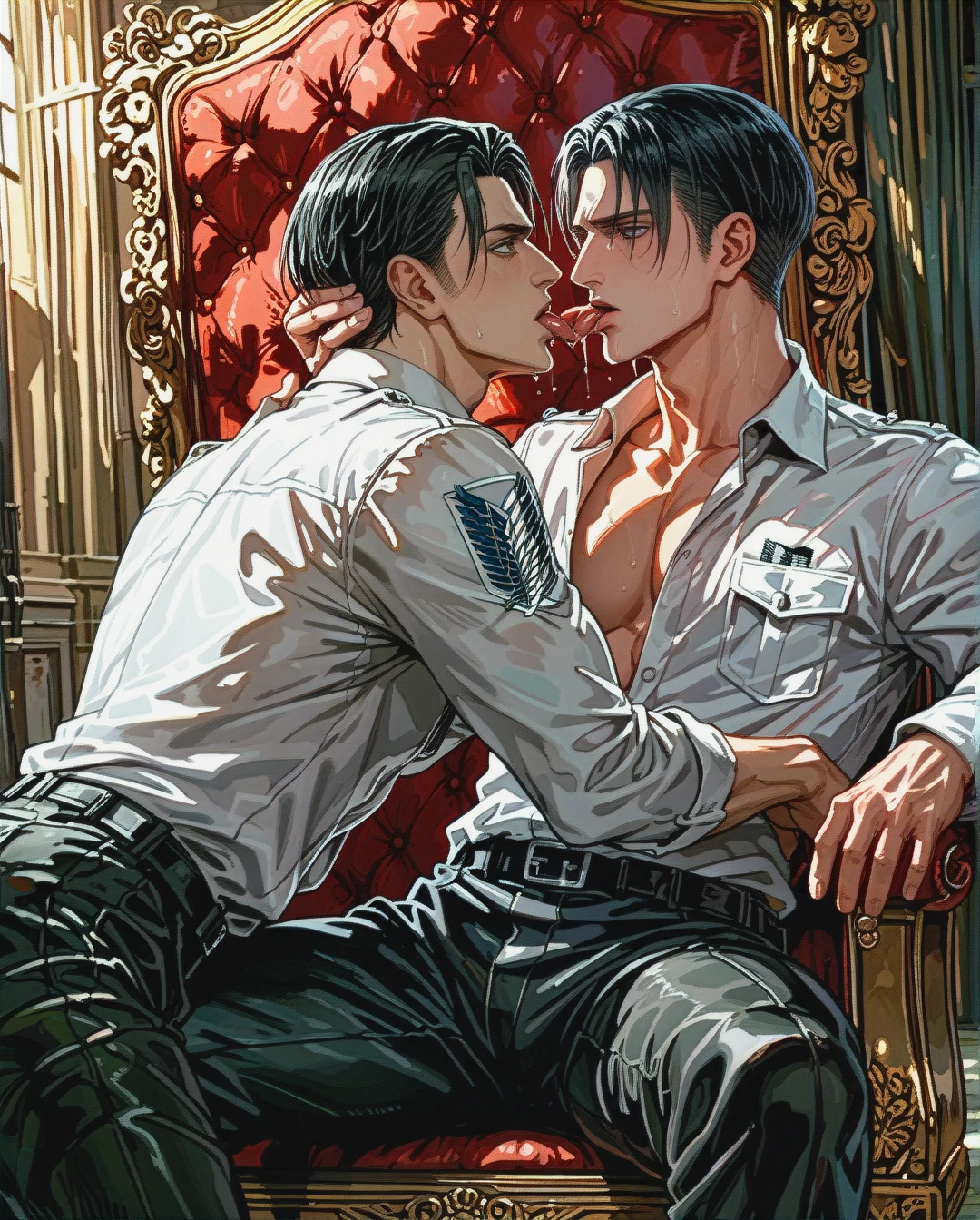 Two guys: man @levi lies next to @erwin_smith and licks his cock @erwin_smith sits on the throne and @levi is in front of him), gay, yaoi, male body, , both fully viewed