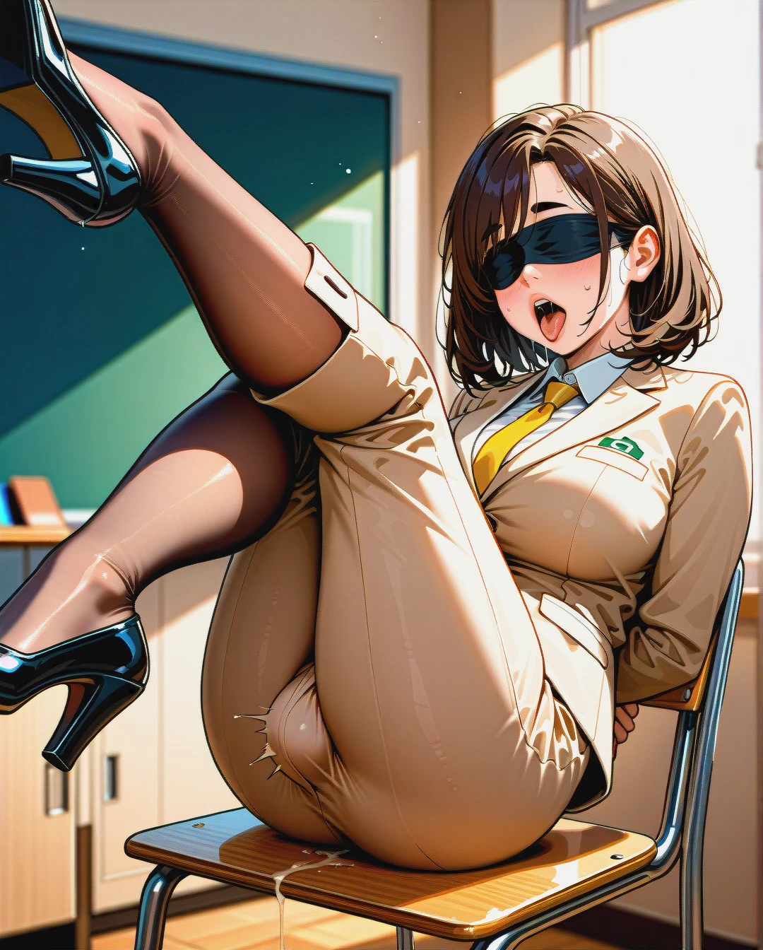 (fat) (mature_female), (futanari), brunette medium hair, fat eyebrows, (ahegao), black blindfold, beige buttoned-up suit, yellow tie, beige ironed long wide trousers, black mary jane high heel pumps, brown stockings, sitting on a chair, classroom, hands, (arms_behind_back), orgasm, (legs_up)