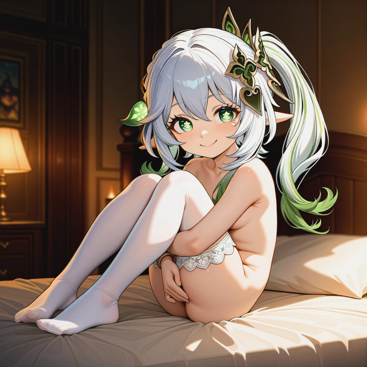 @nahida, anime style, cartoon style,in a medieval bedroom, teasing you, snarky face, smiling, hugging you, first person handjob, naked, first person perspective,, on bed,, white stockings,