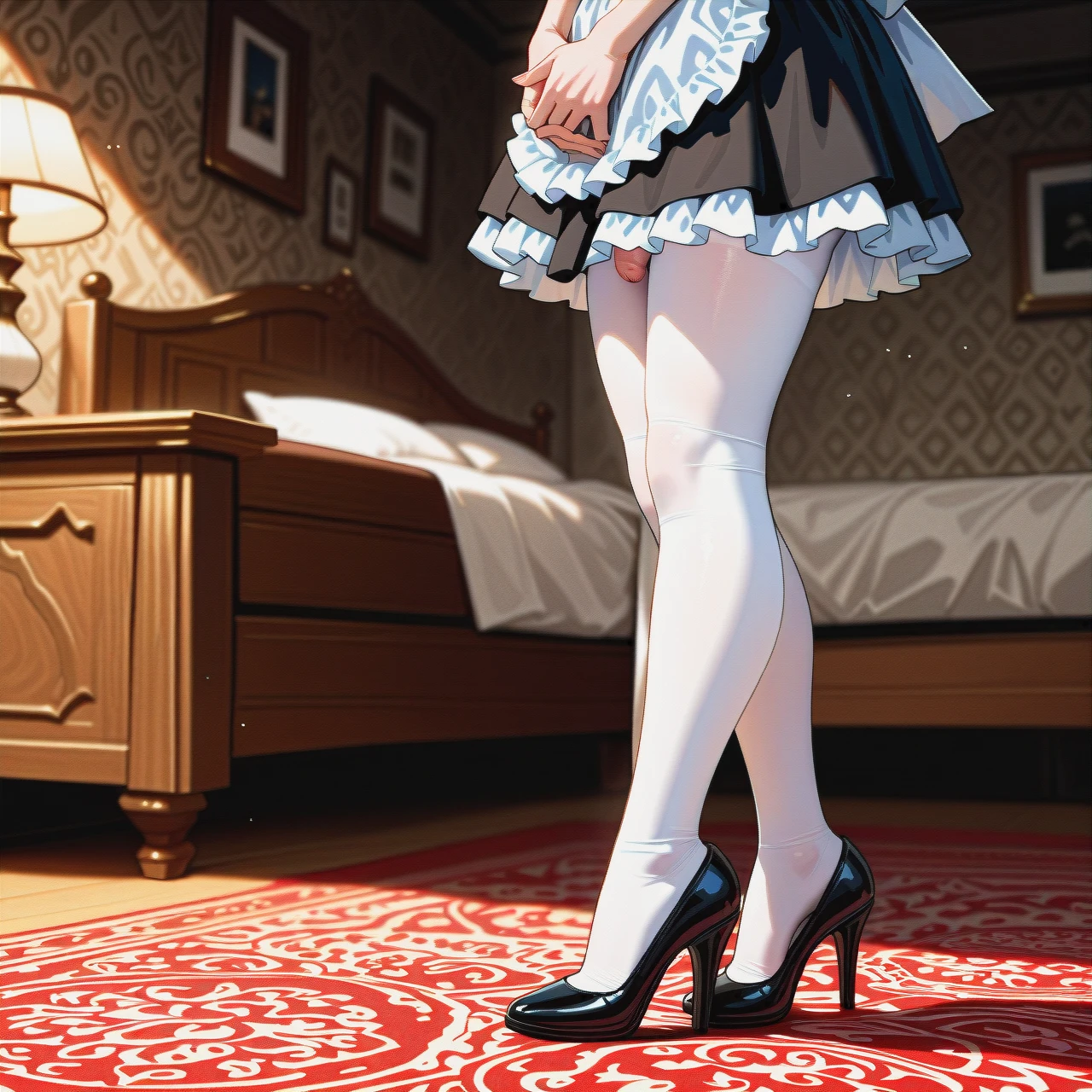 (fat) (reverse_trap), (futanari), (mature_female), (shy), brunette pixie cut hair, freckles, maid costume, white tights, flat chest, black high heel pumps, bedroom, penis out, walking, (own_hands_together)