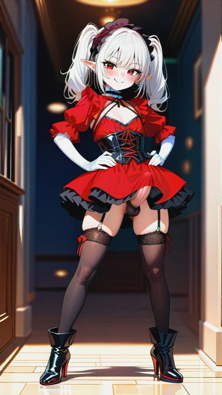 High_quality, (otoko_no_ko), (flat_chest), (frilled_thighhighs), garter_straps, pointy_ears, red_eyes, white_hair, red_dress, black_dress, elbow_gloves, frilled_headband, puffed_sleeves, frilled_choker, (cleavage_cutout),  (long_twin_ponytails), (ankle_boots_with_heels), slim_legs, corset, (legs_apart), (smile), (blush), (hands_on_hips), (erection_under_skirt), penis_bulge,