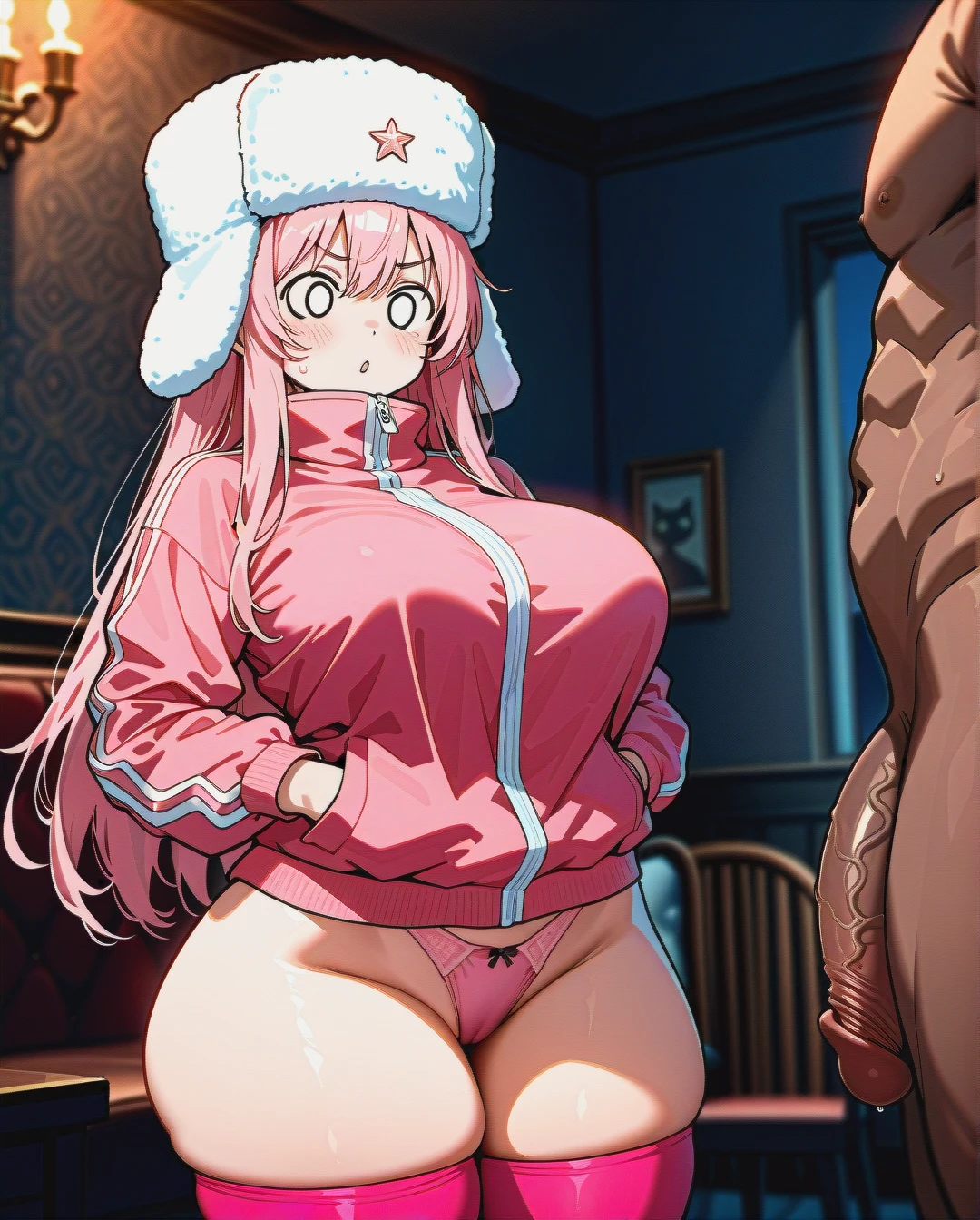 1girl1boy,dark_skinned_boy,big_penis,,russian_girl,club,ushanka,big_breasts,(curvy),big_hips,pink_hair,cat_jacket,pink_panties,pink_socks,(o_o)