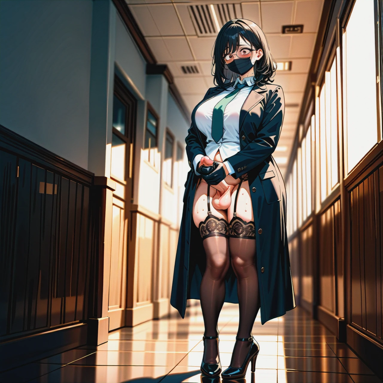 (fat), (futanari), (mature_female), black facemask, (crazy_eyes), blush, sweat, black medium hair, bangs, glasses, black unbuttoned long coat, shirt, tie, black gloves, bottomless, brown seamed lace stockings, garter, black high heels, (futanari_masturbation), without testicles, standing, school hallway