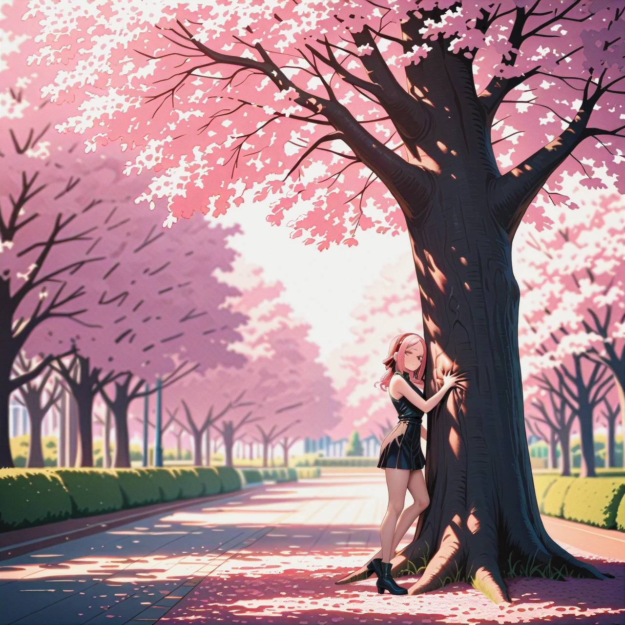 Sakura Haruno is standing in the park near a tree and in front of her is a man who shows her a 17-centimeter long penis through his fly, which is covered in veins because his fly is squeezing him. Sakura stands scared