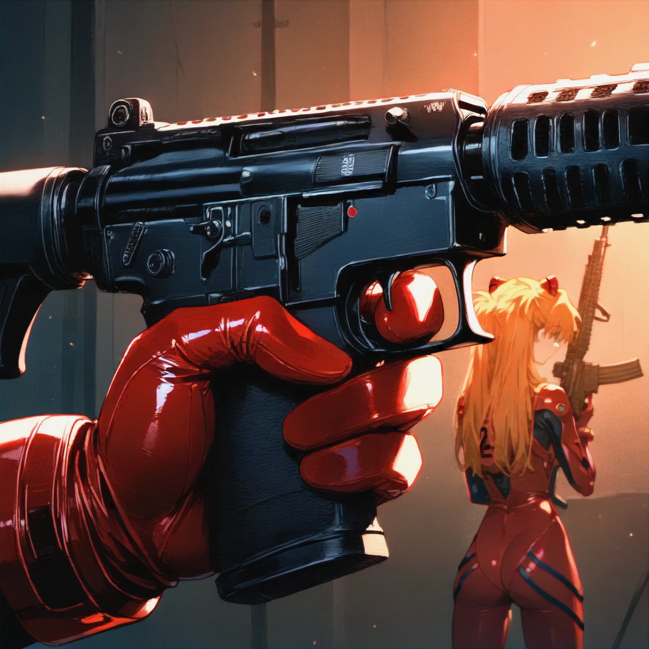 Asuka Langley, m16 with silencer in hand, rifle in hands