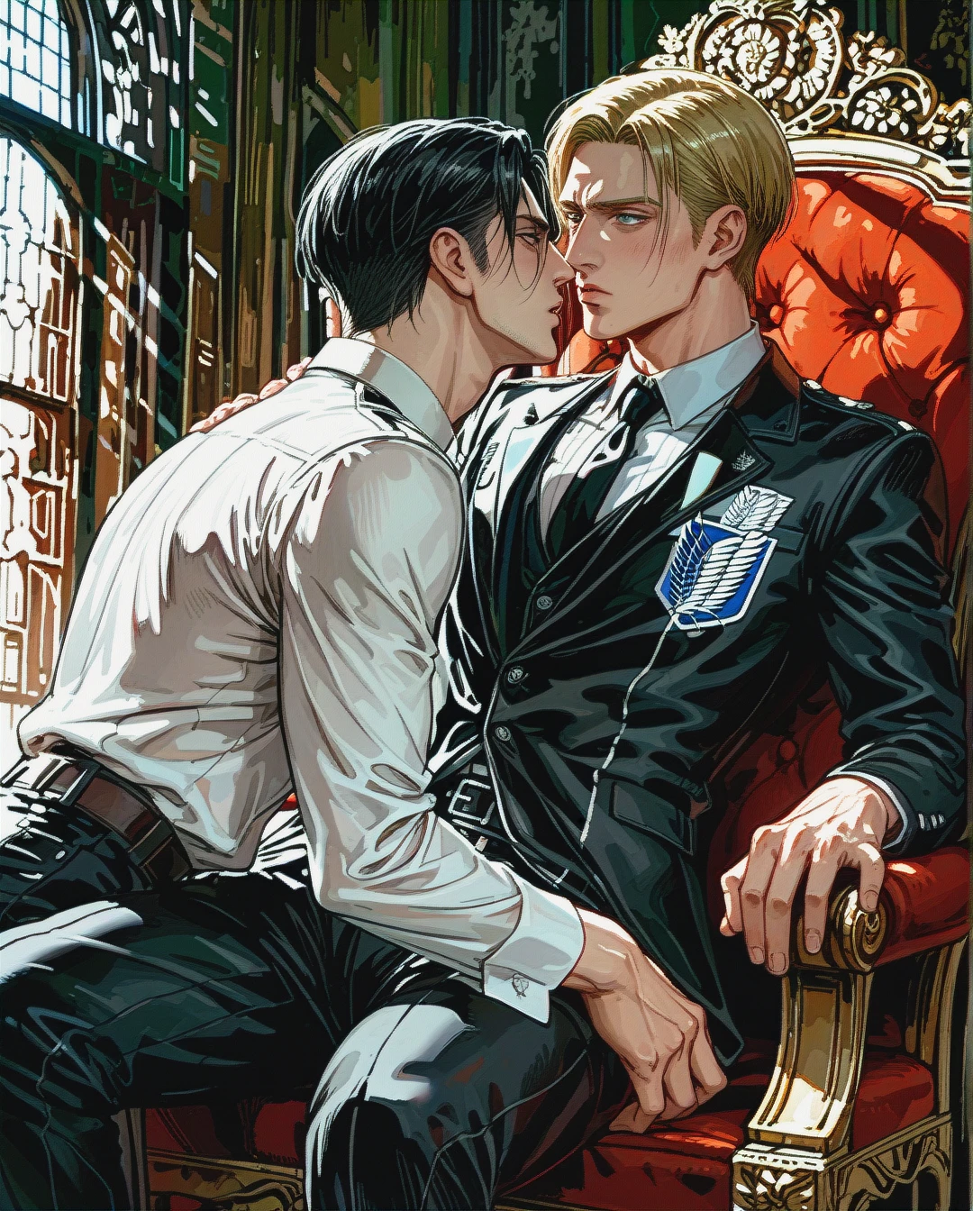 Two guys: man @levi standing next to blonde man  @erwin_smith and leans to kiss him @erwin_smith sits on the throne, gay, yaoi, male body, , both fully viewed