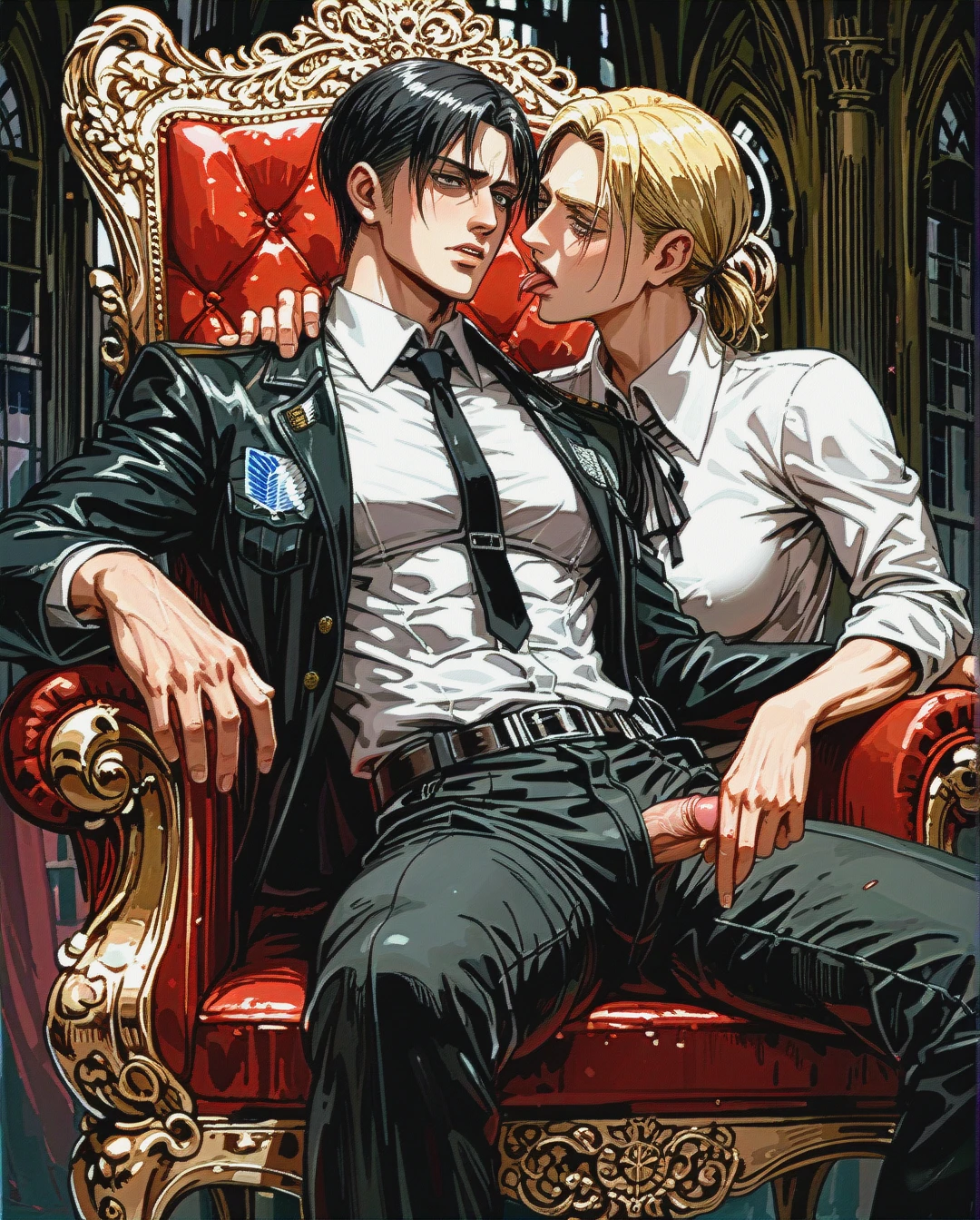 Two guys: man @levi lies next to blonde @erwin_smith and licks his cock @erwin_smith sits on the throne and @levi is in front of him), gay, yaoi, male body, , both fully viewed