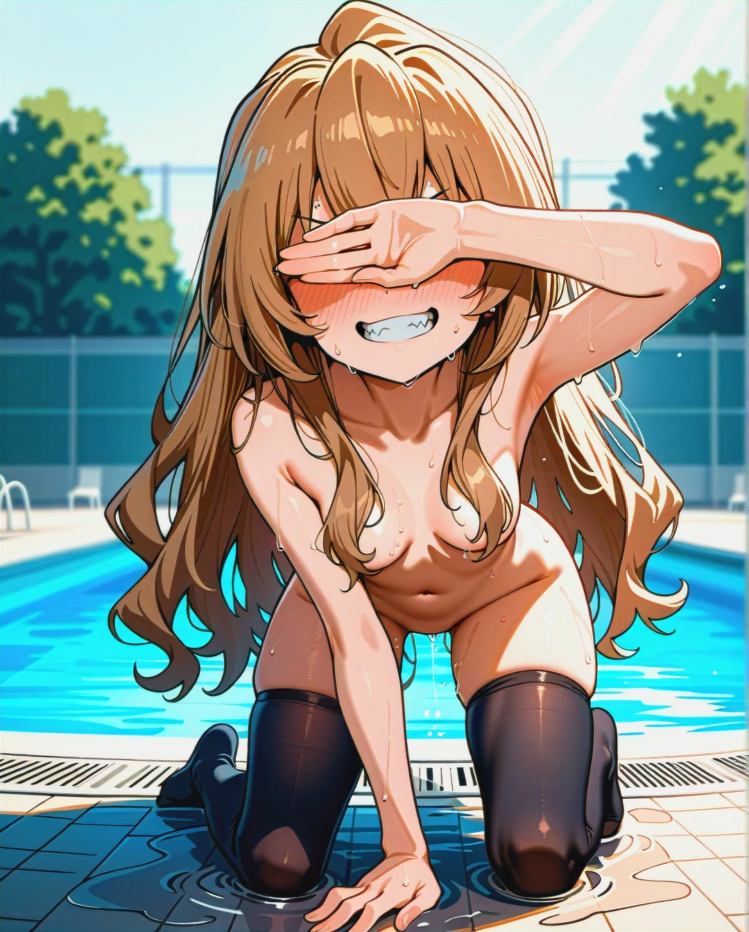 (kneeling), @aisaka_taiga, black thighhighs, (evil_smile), swimming pool, (grin), hair falls over breasts, hair falls over nipples, (leg_up), nude, (medium_breasts), arm covering eyes, blush, arm between thighhighs, (clenched_teeth), wet body