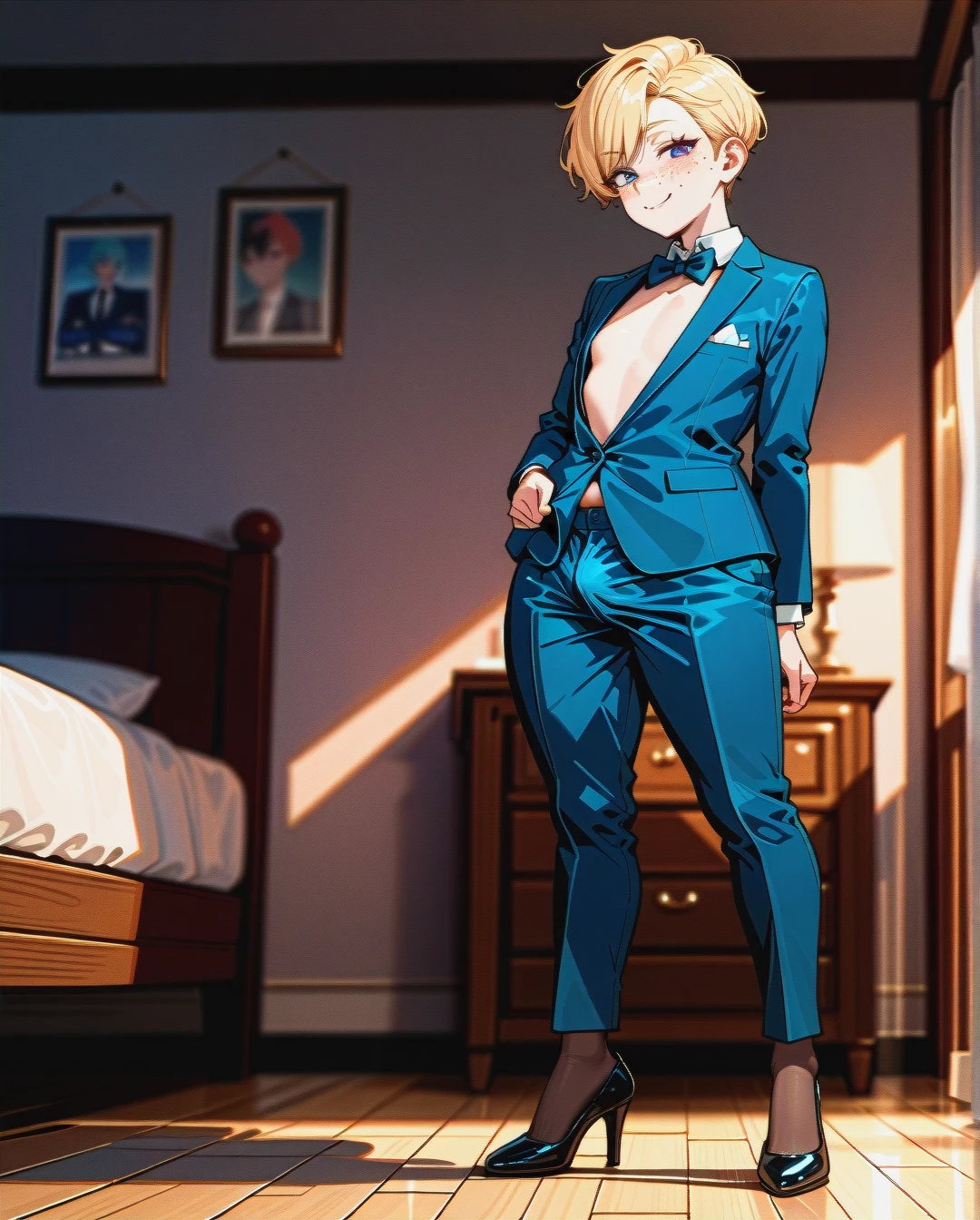 (plump) (reverse_trap), (futanari), (mature_female), flirt face, blond pixie cut hair, freckles, unbuttoned dark blue suit, bowtie on a neck, naked body, ironed long wide trousers, brown tights, flat chest, black high heel pumps, pokes penis, bedroom, teasing standing pose