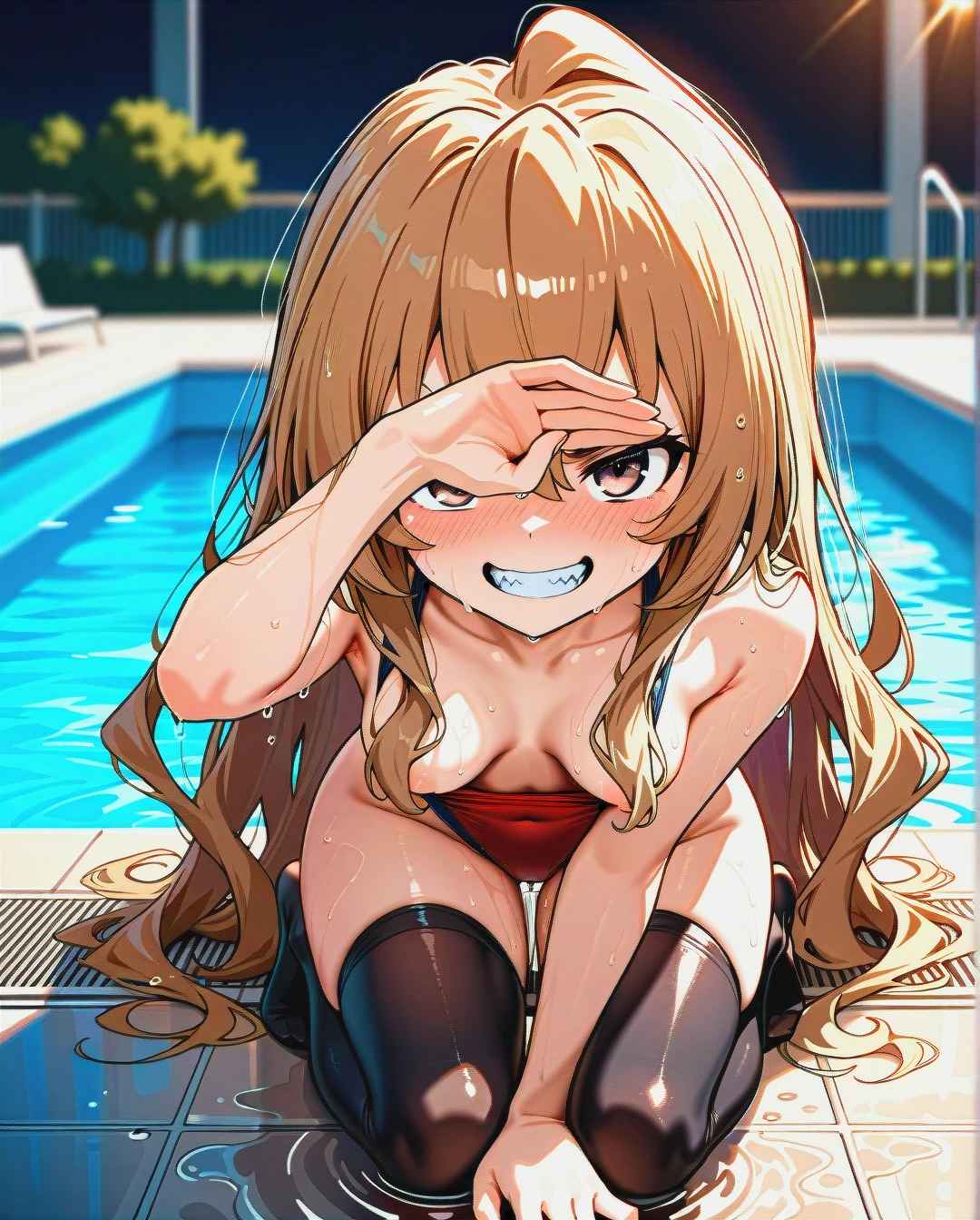 (kneeling), @aisaka_taiga, black thighhighs, (evil_smile), swimming pool, (grin), hair falls over breasts, hair falls over nipples, (leg_up), nude, (medium_breasts), arm covering eyes, blush, arm between thighhighs, (clenched_teeth), wet body, wet hair, swimsuit, breasts out